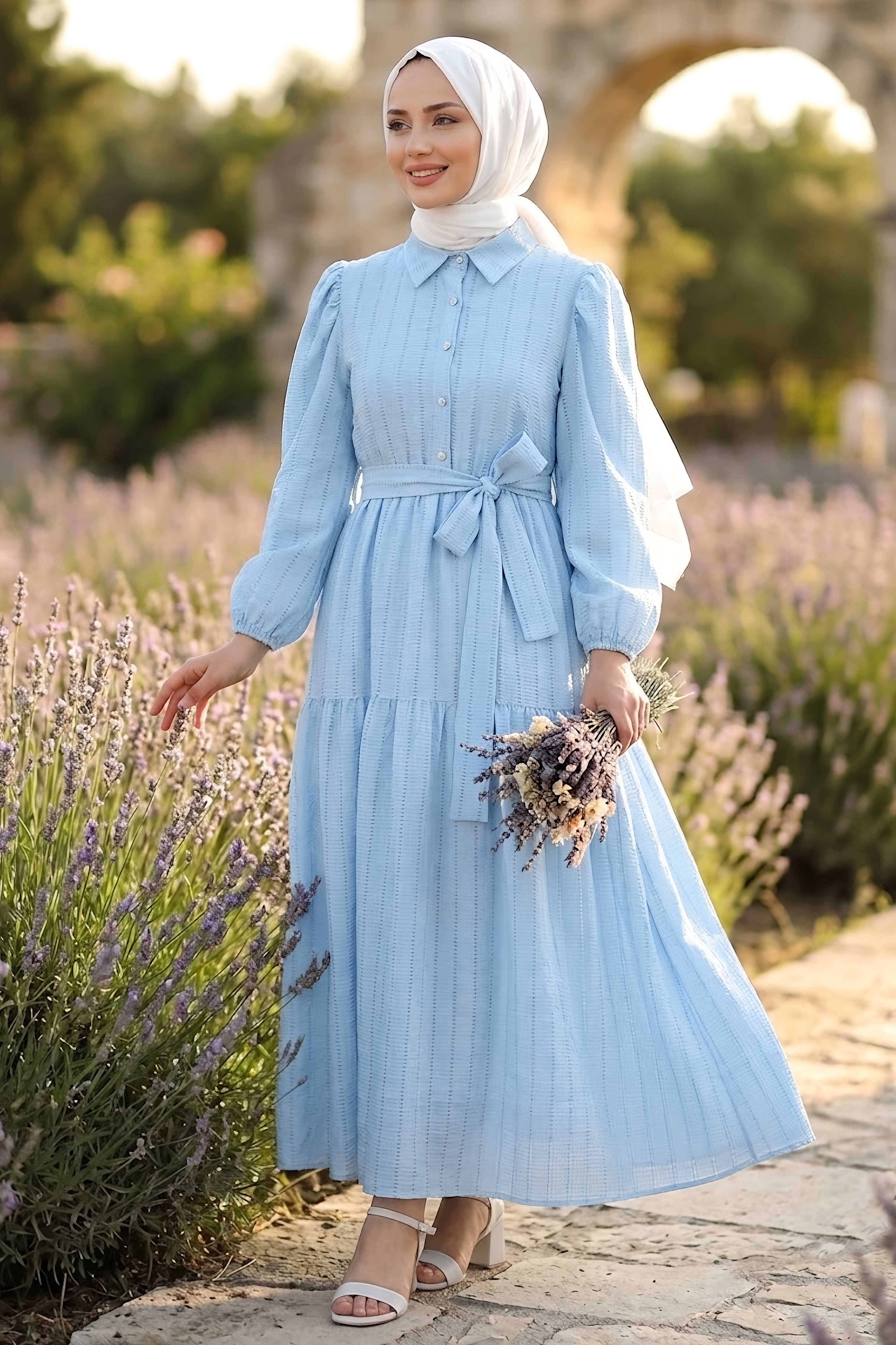 Kare Detaylı Kuşaklı Elbise Bebe Mavi - 28507-BEBE-MAVI - 1