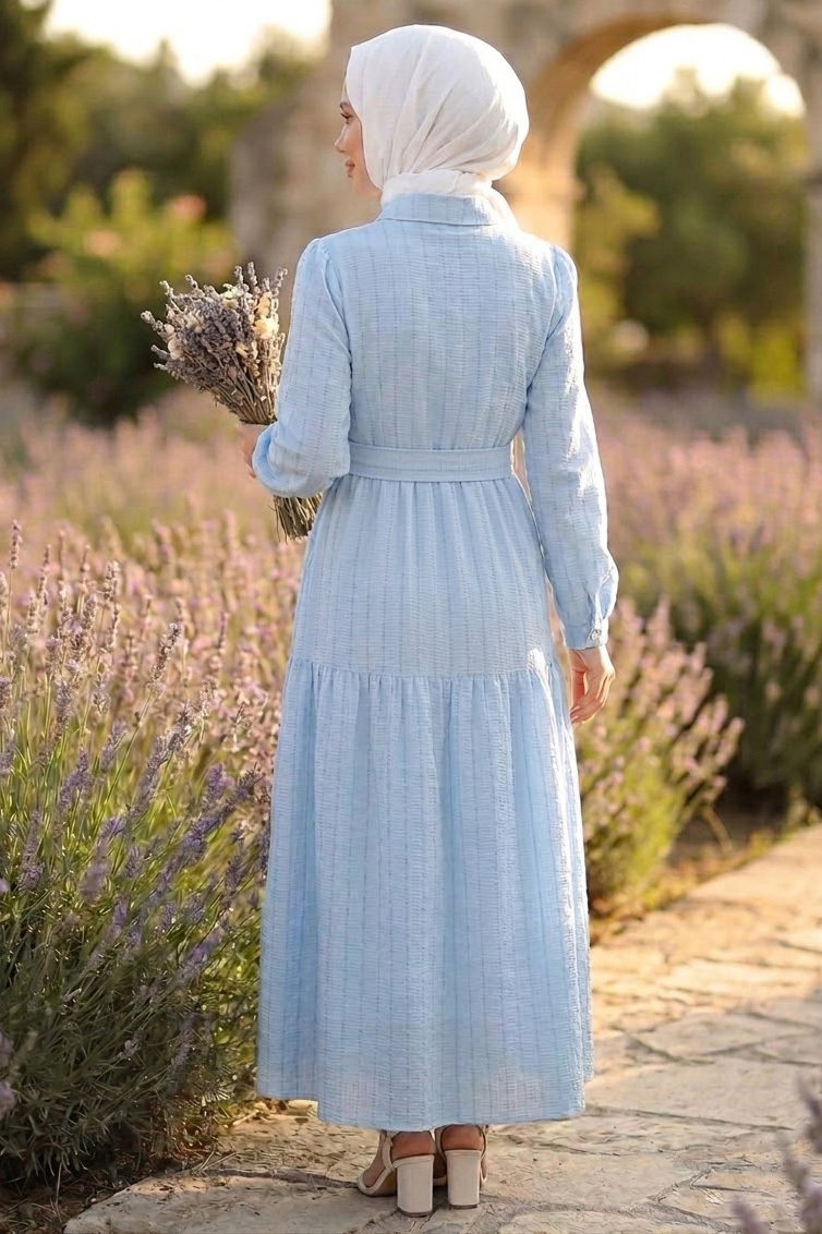 Kare Detaylı Kuşaklı Elbise Bebe Mavi - 28507-BEBE-MAVI - 3