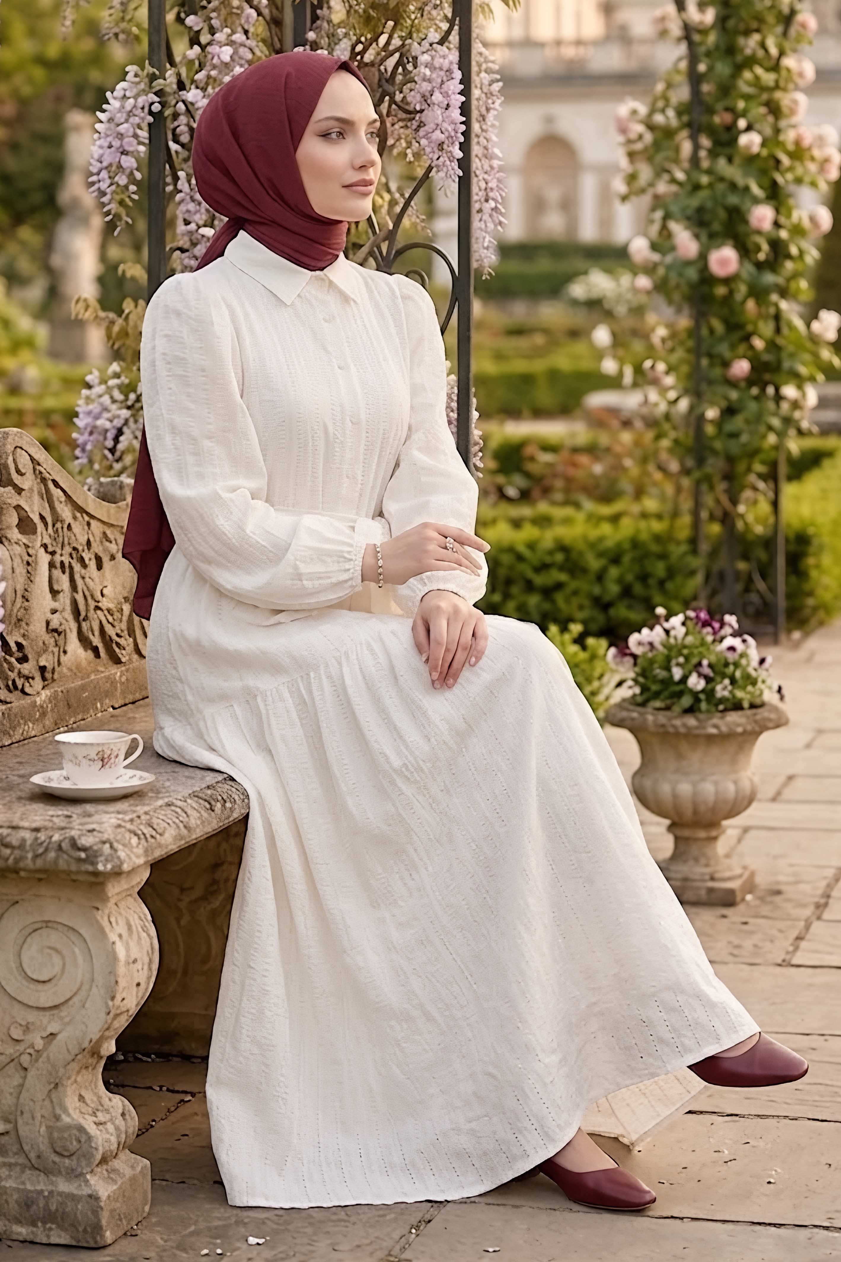 Kare Detaylı Kuşaklı Elbise Ekru - 28507-EKRU - 1