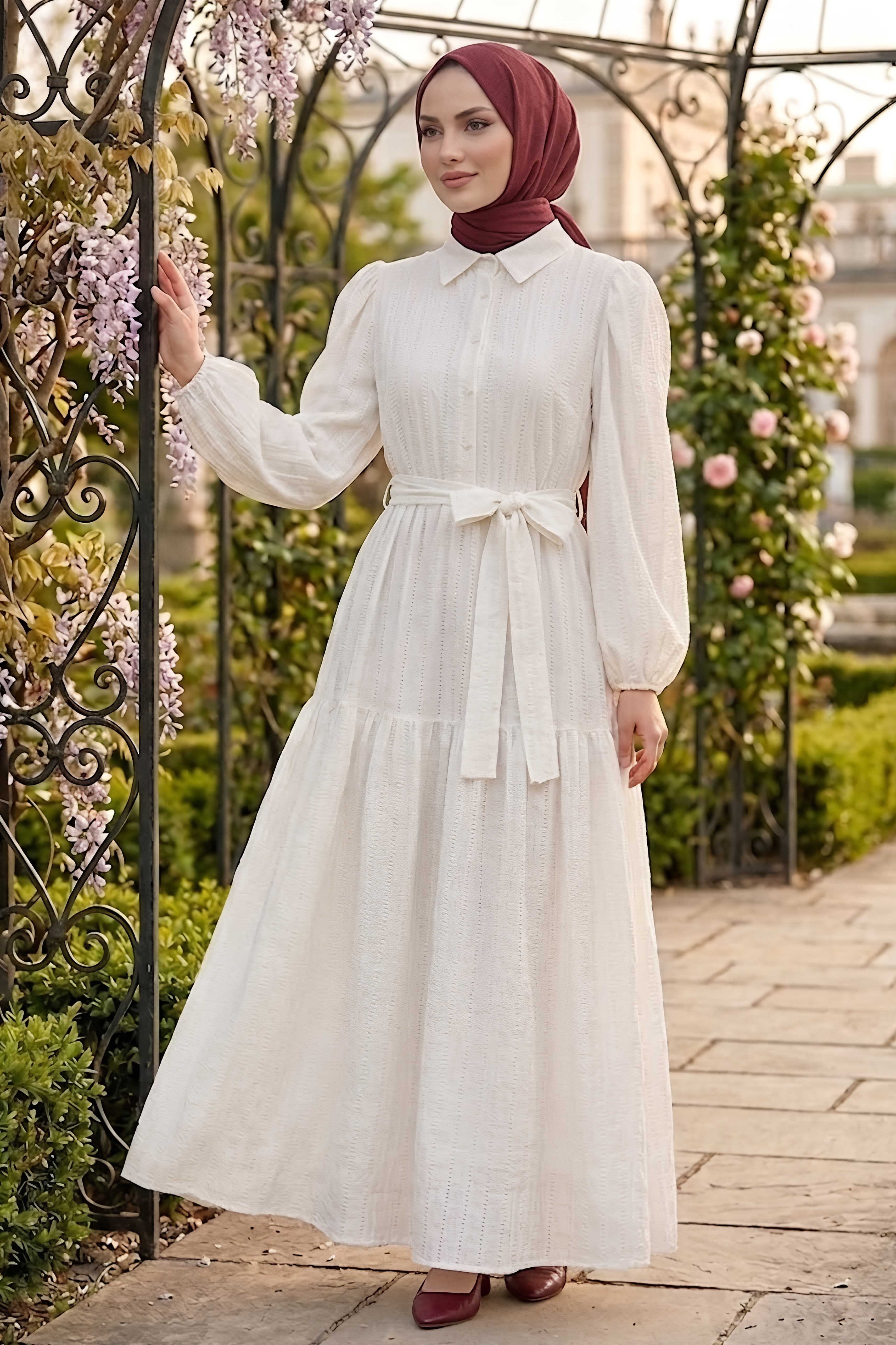 Kare Detaylı Kuşaklı Elbise Ekru - 28507-EKRU - 2