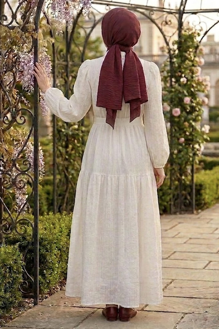 Kare Detaylı Kuşaklı Elbise Ekru - 28507-EKRU - 3