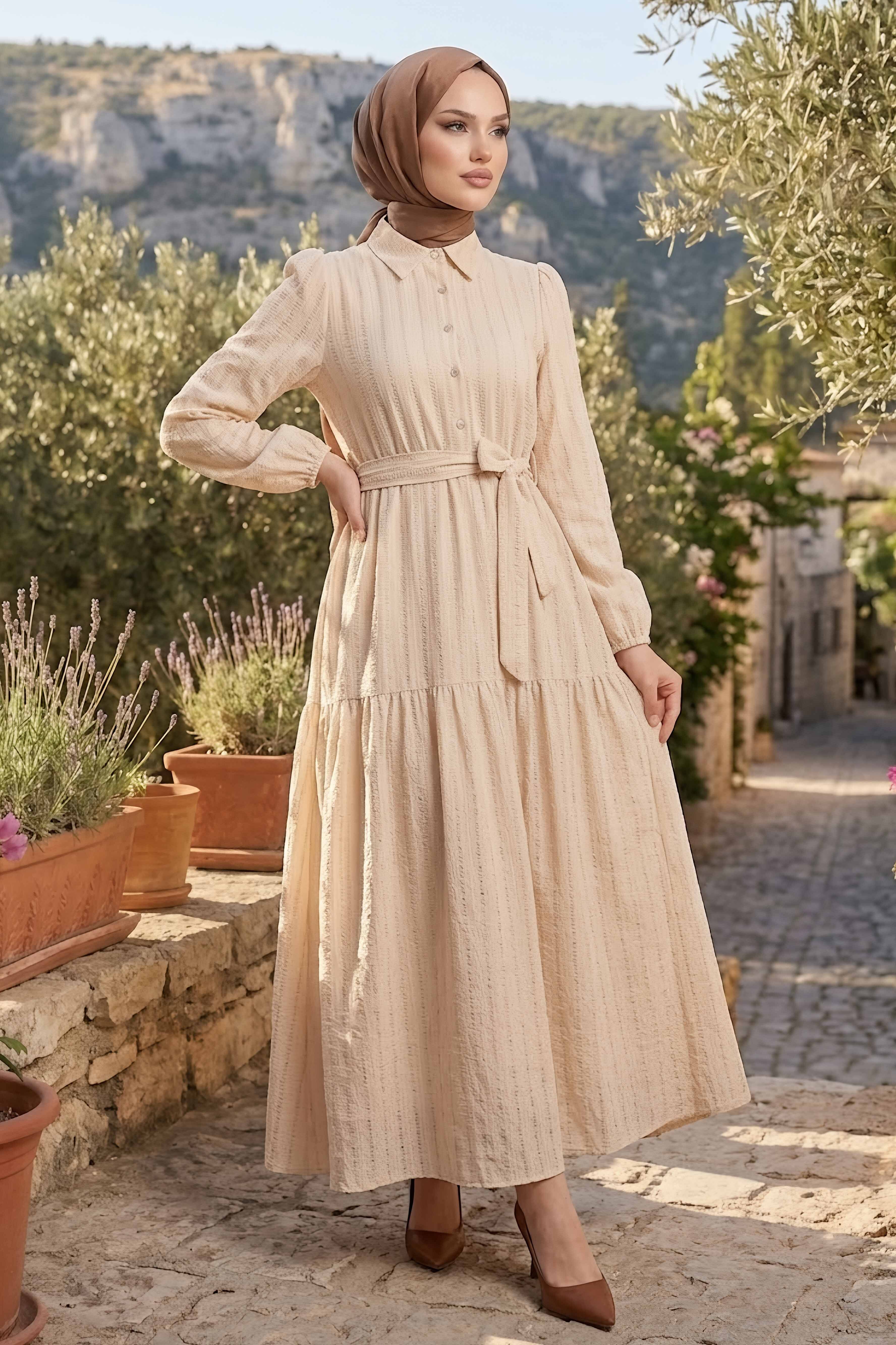 Kare Detaylı Kuşaklı Elbise Krem - 28507-KREM - 1