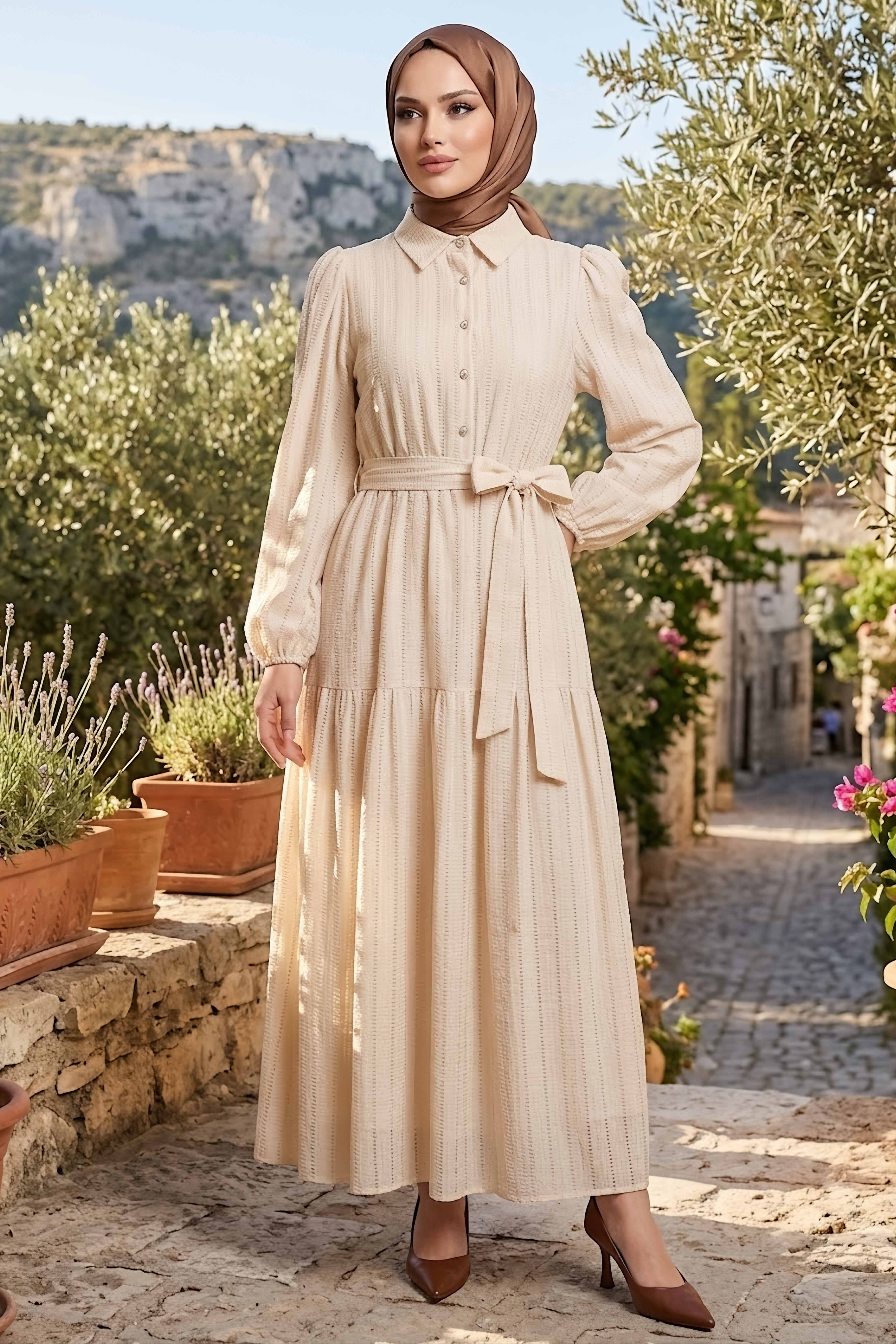 Kare Detaylı Kuşaklı Elbise Krem - 28507-KREM - 2