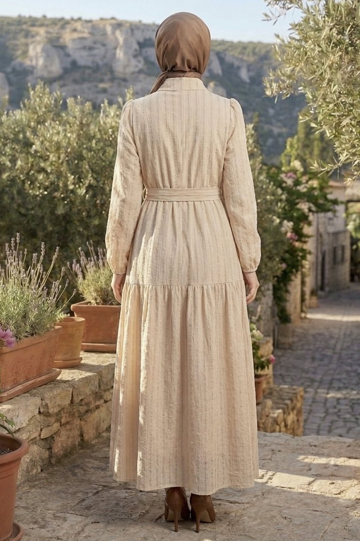 Kare Detaylı Kuşaklı Elbise Krem - 28507-KREM - 3