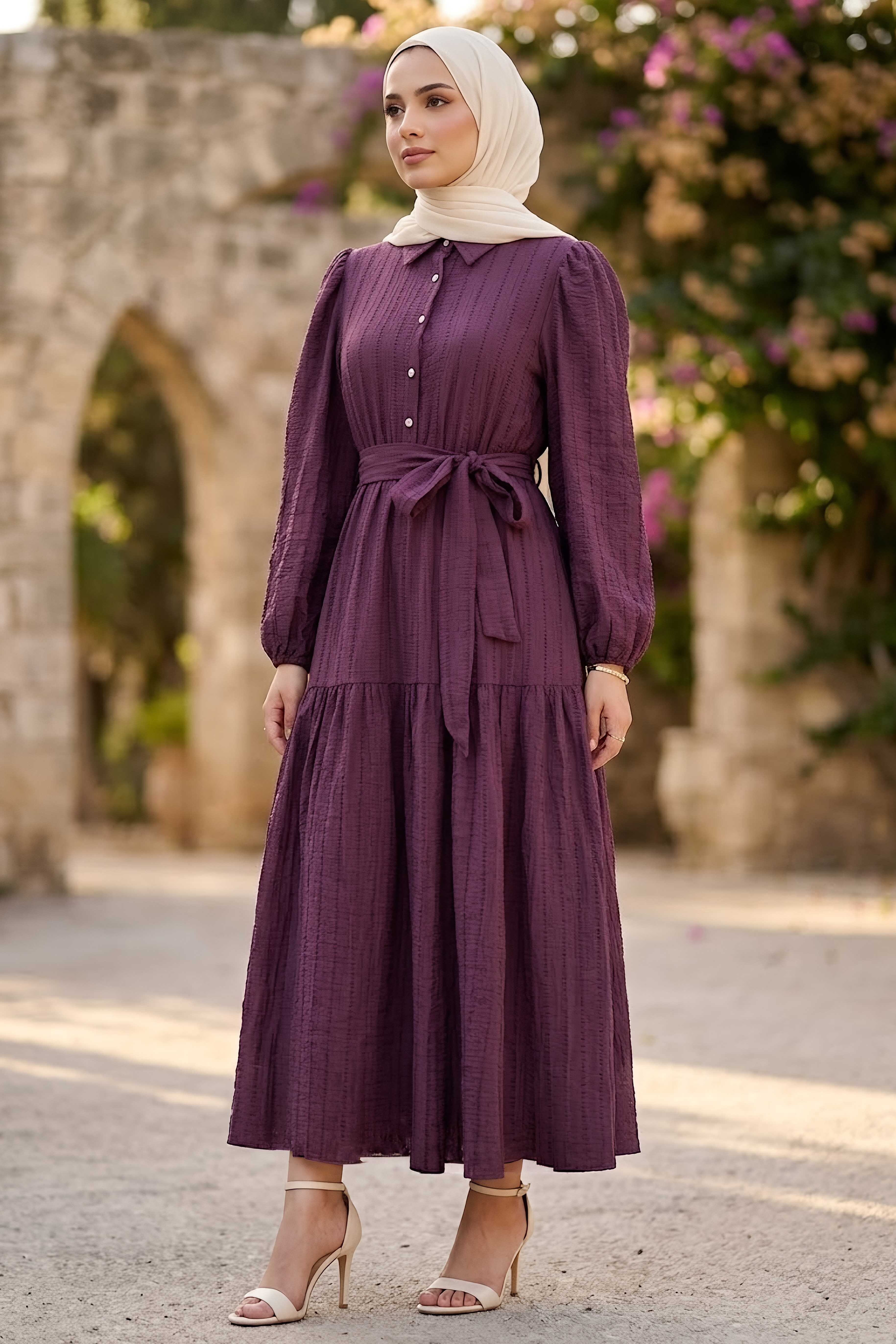 Kare Detaylı Kuşaklı Elbise Mürdüm - 28507-MURDUM - 1