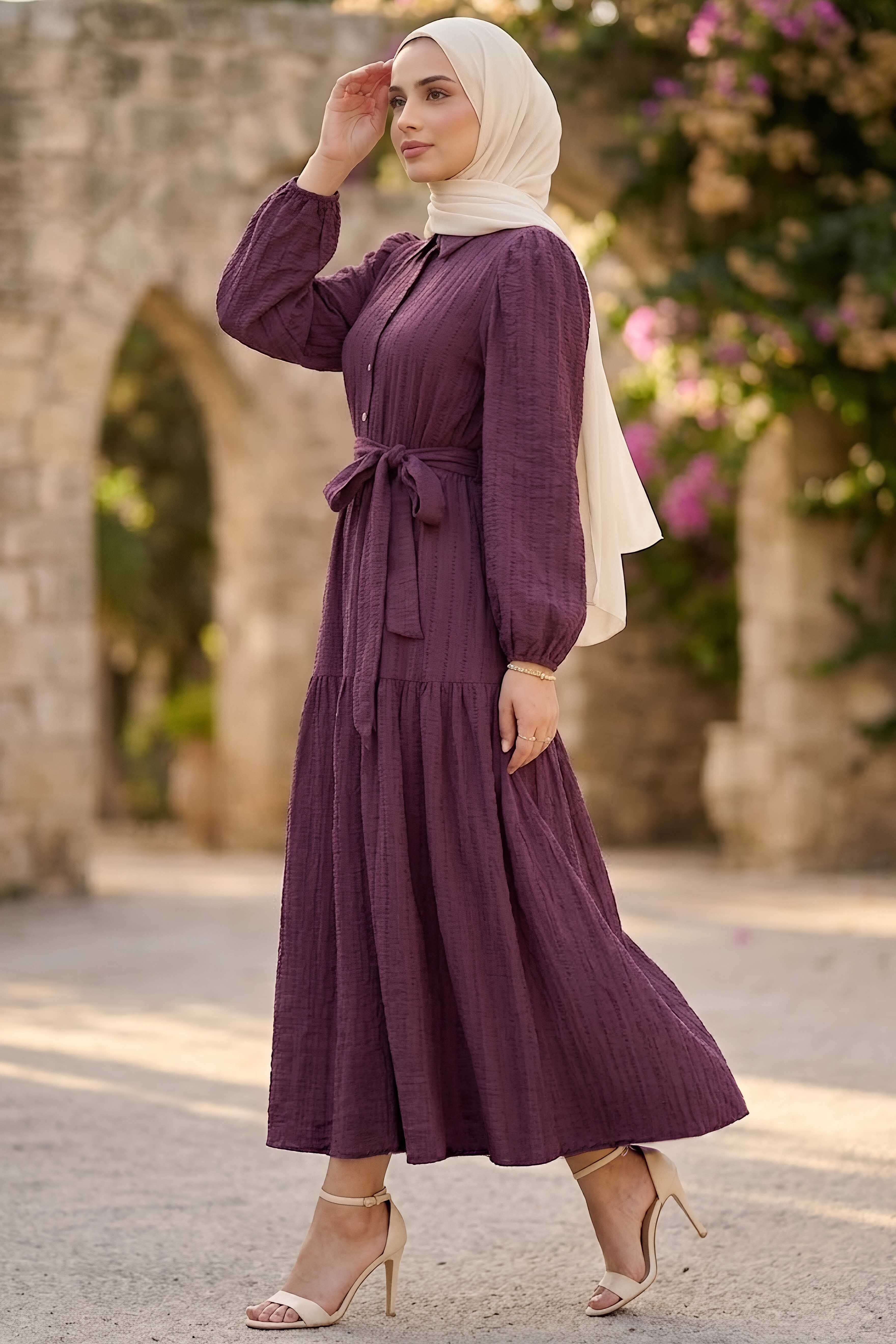 Kare Detaylı Kuşaklı Elbise Mürdüm - 28507-MURDUM - 2