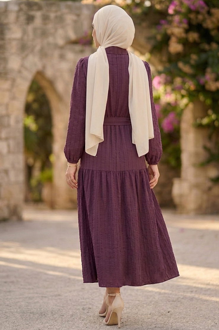 Kare Detaylı Kuşaklı Elbise Mürdüm - 28507-MURDUM - 3