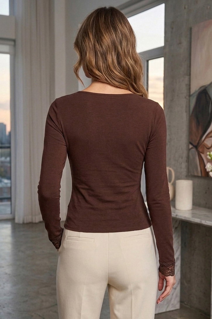 Kare Yaka Dantelli Bady - 28405-KAHVE - 3