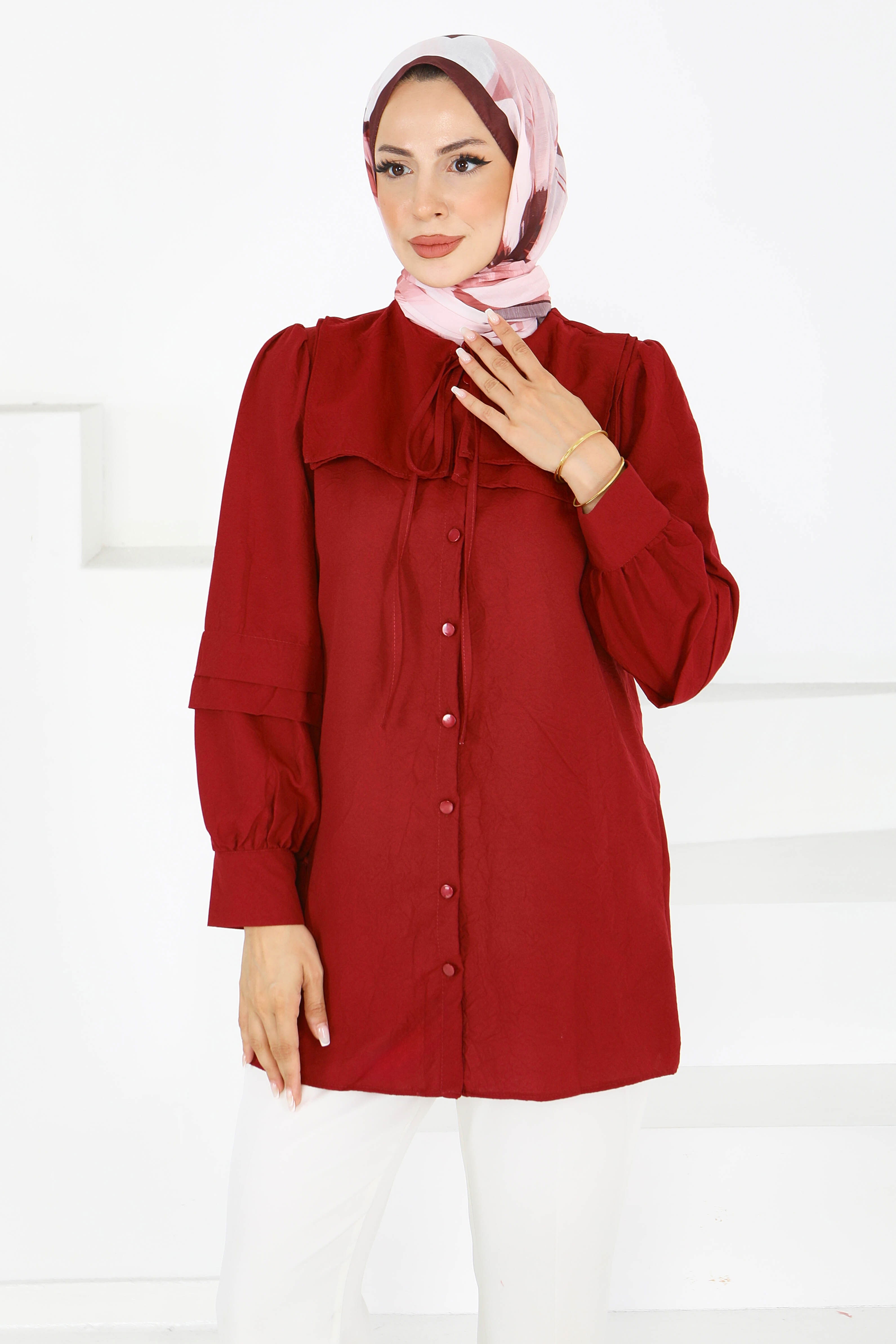 Kare Yaka Detaylı Dokuma Tunik - 27607 - 2
