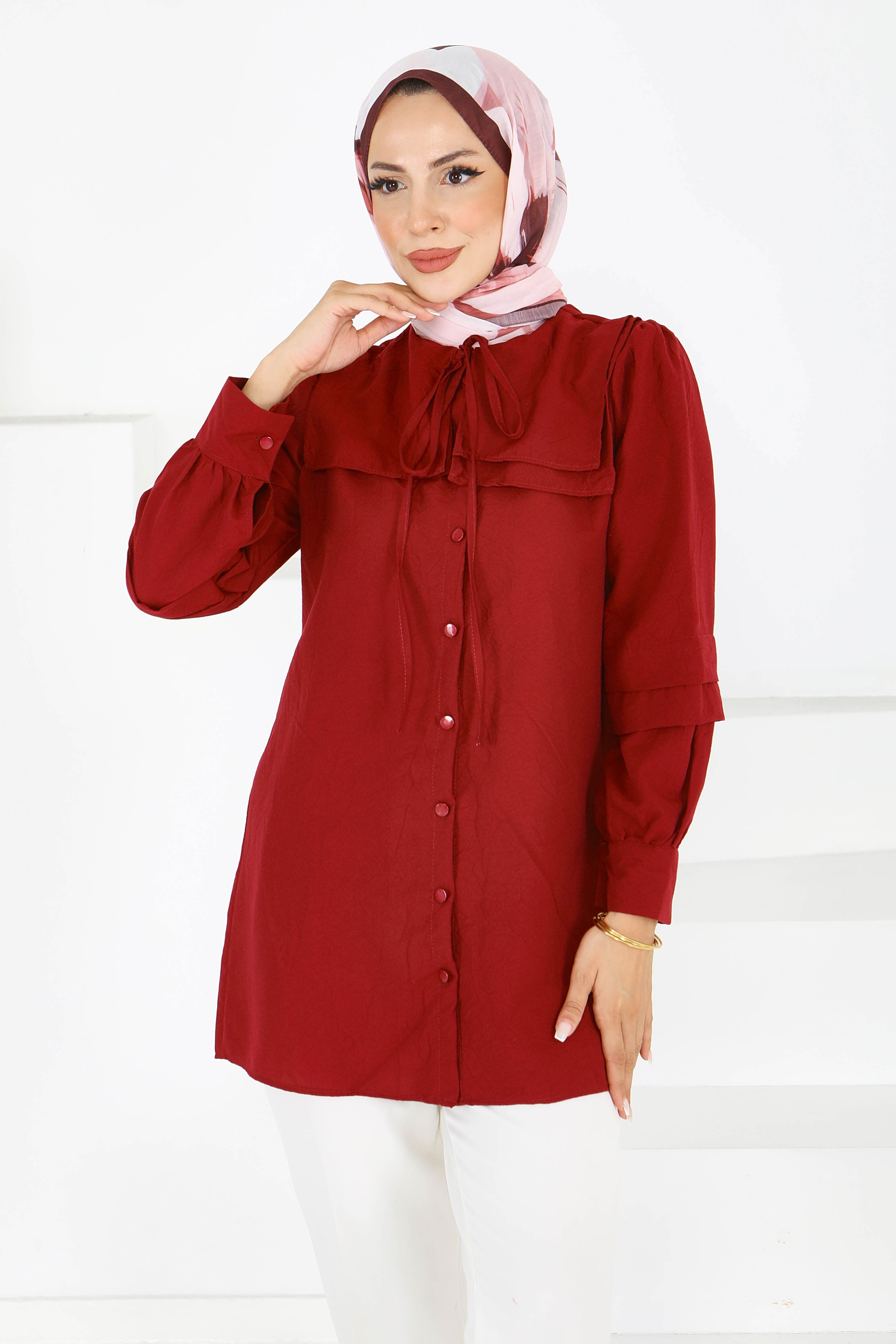 Kare Yaka Detaylı Dokuma Tunik - 27607 - 3