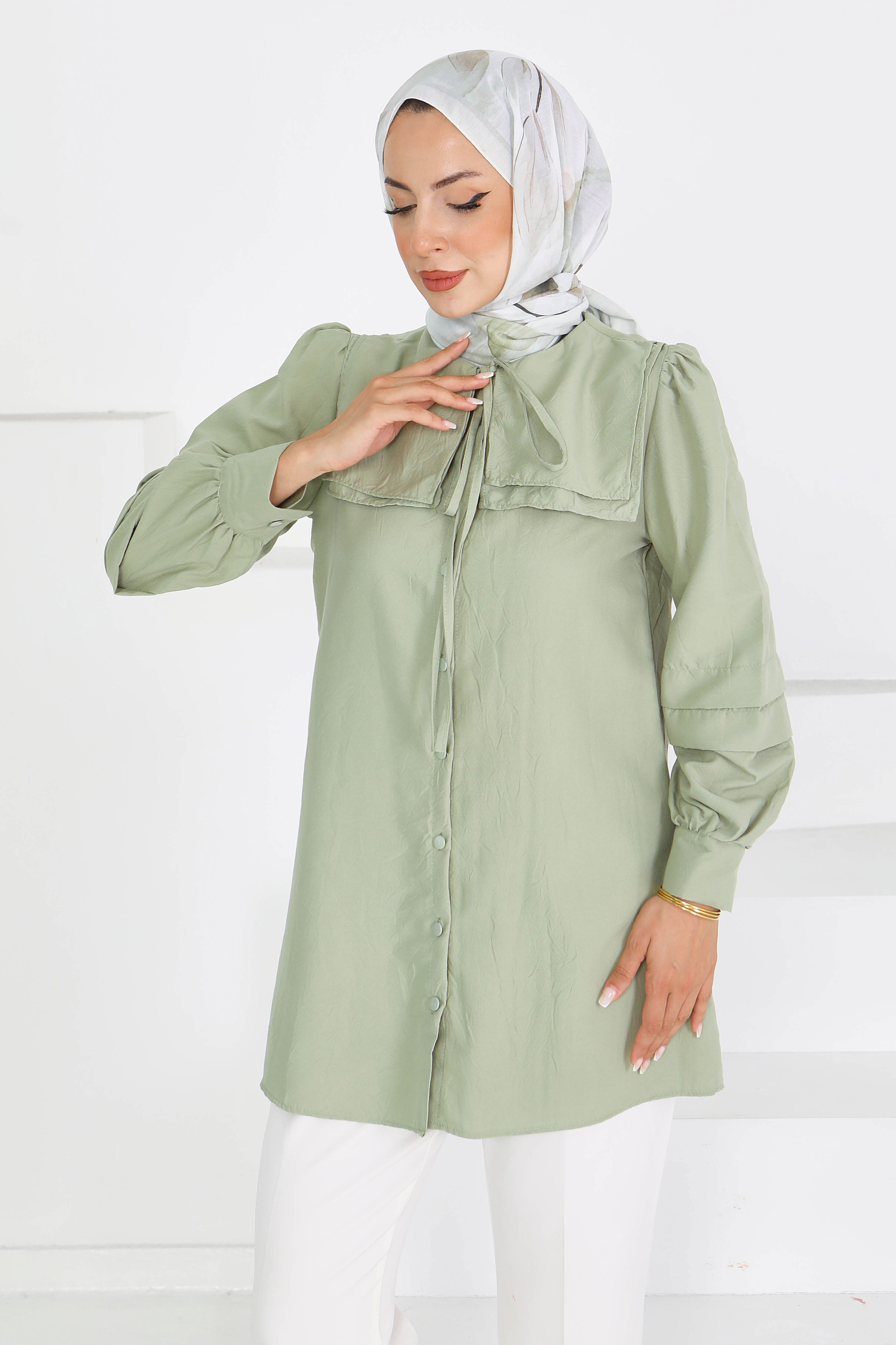 Kare Yaka Detaylı Dokuma Tunik - 27607 - 2
