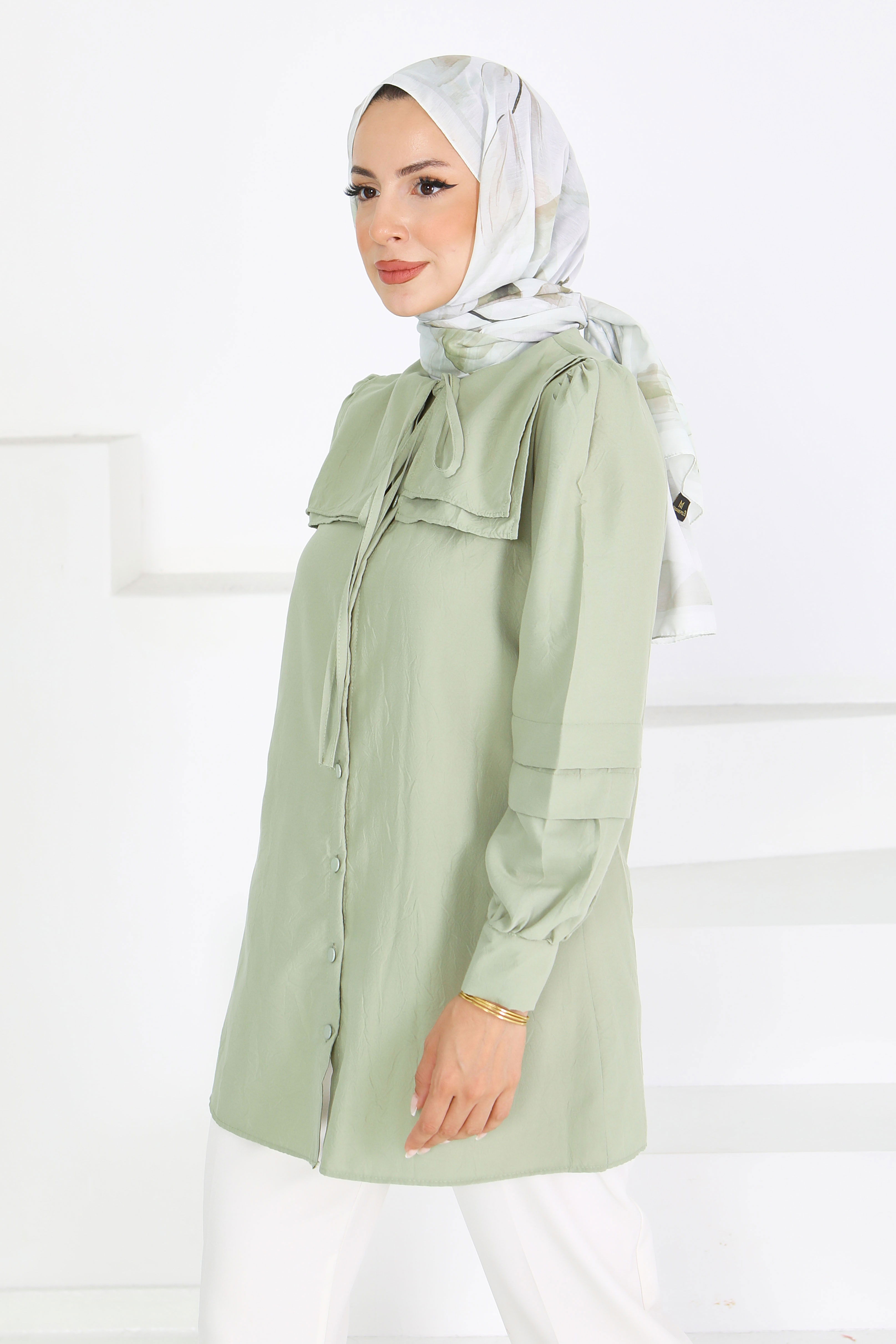 Kare Yaka Detaylı Dokuma Tunik - 27607 - 3