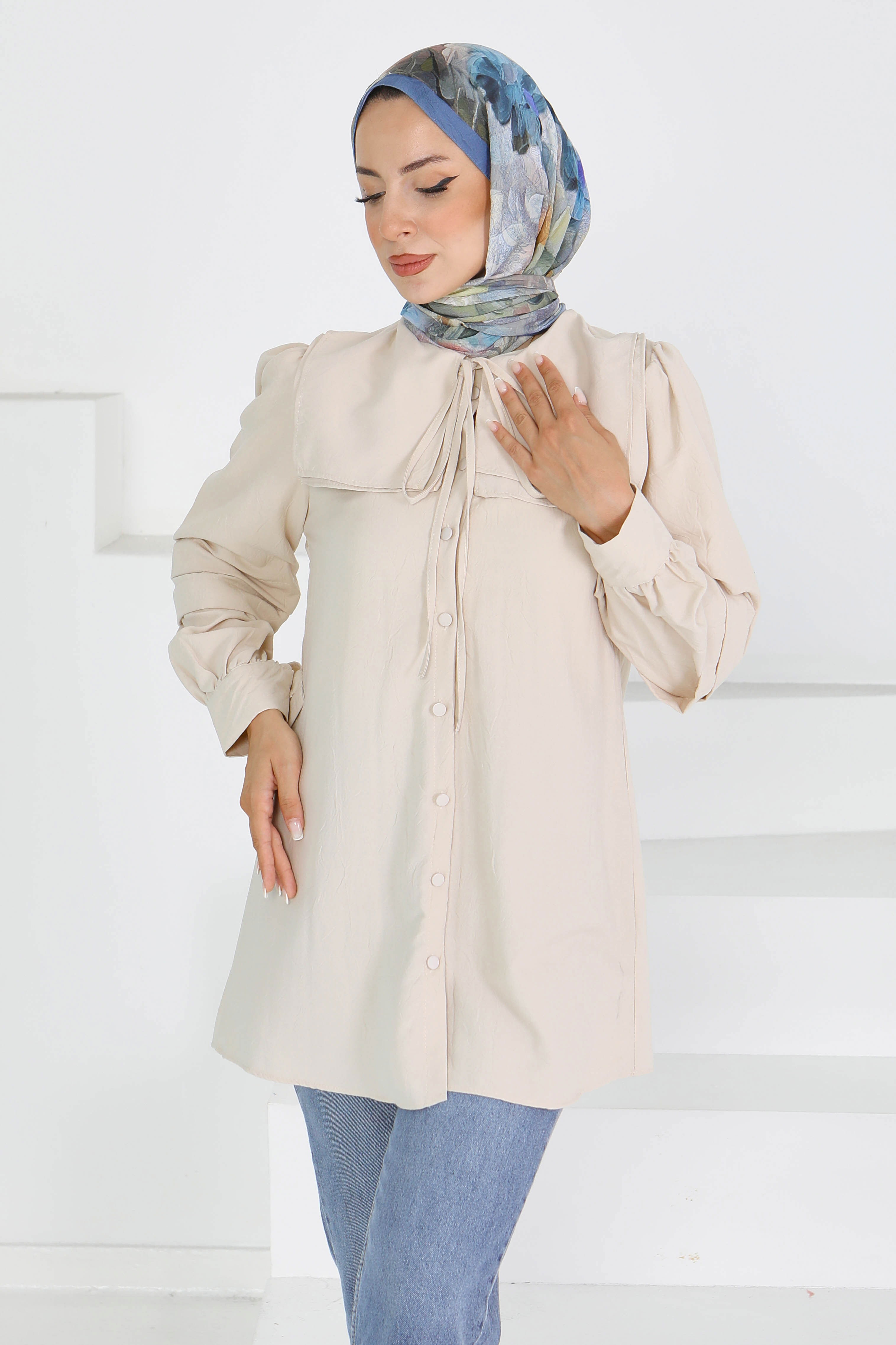 Kare Yaka Detaylı Dokuma Tunik - 27607 - 1