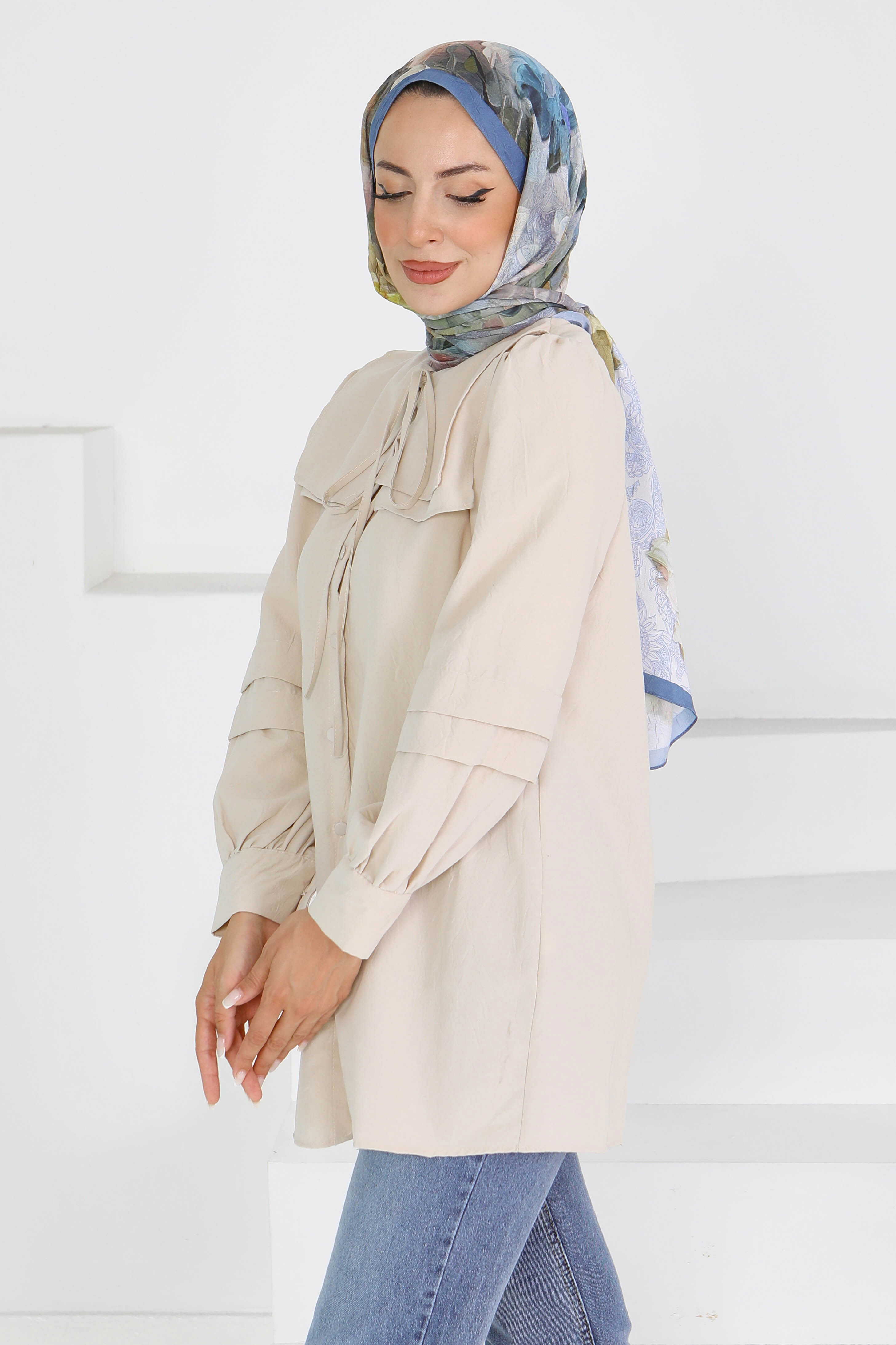 Kare Yaka Detaylı Dokuma Tunik - 27607 - 2