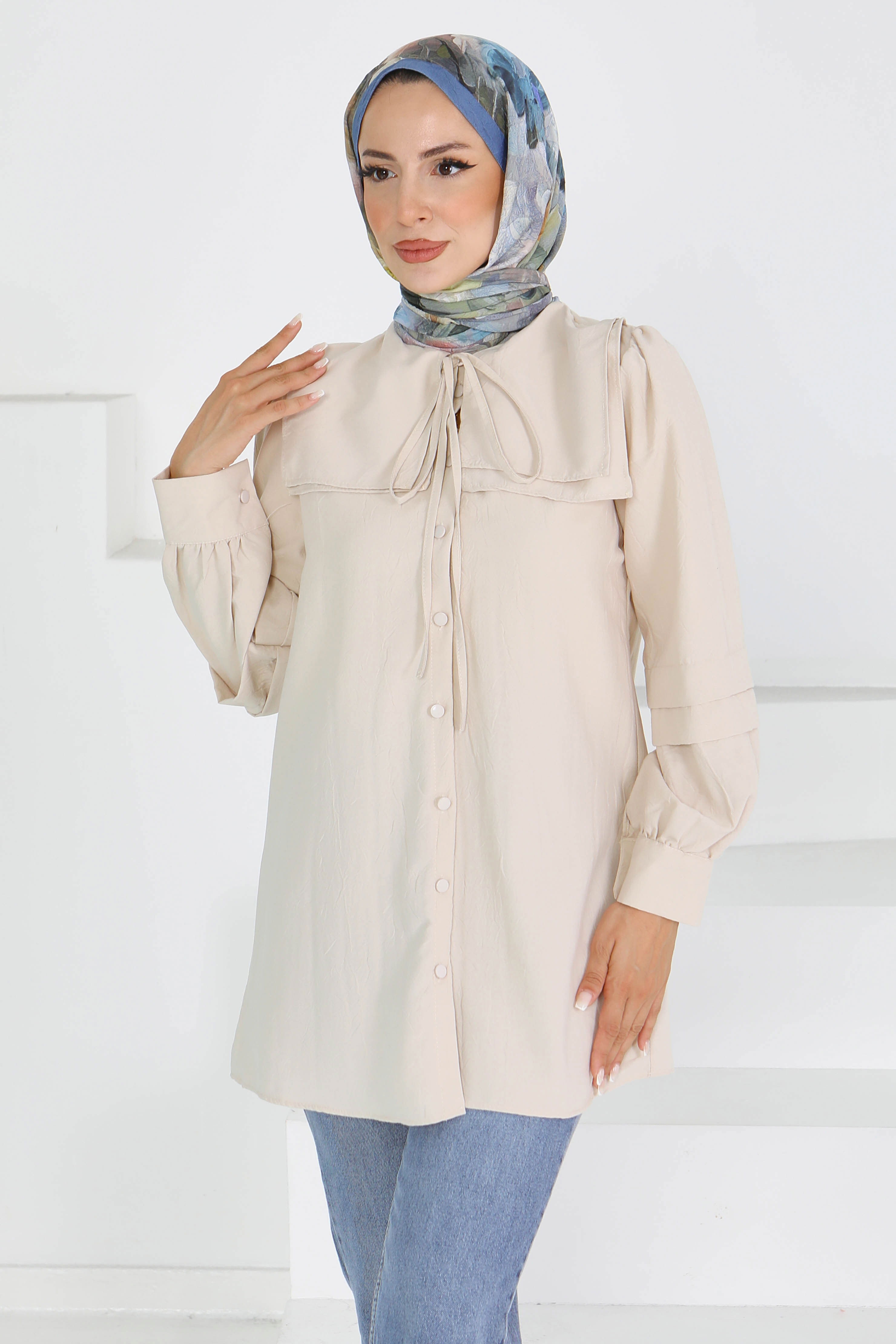 Kare Yaka Detaylı Dokuma Tunik - 27607 - 3