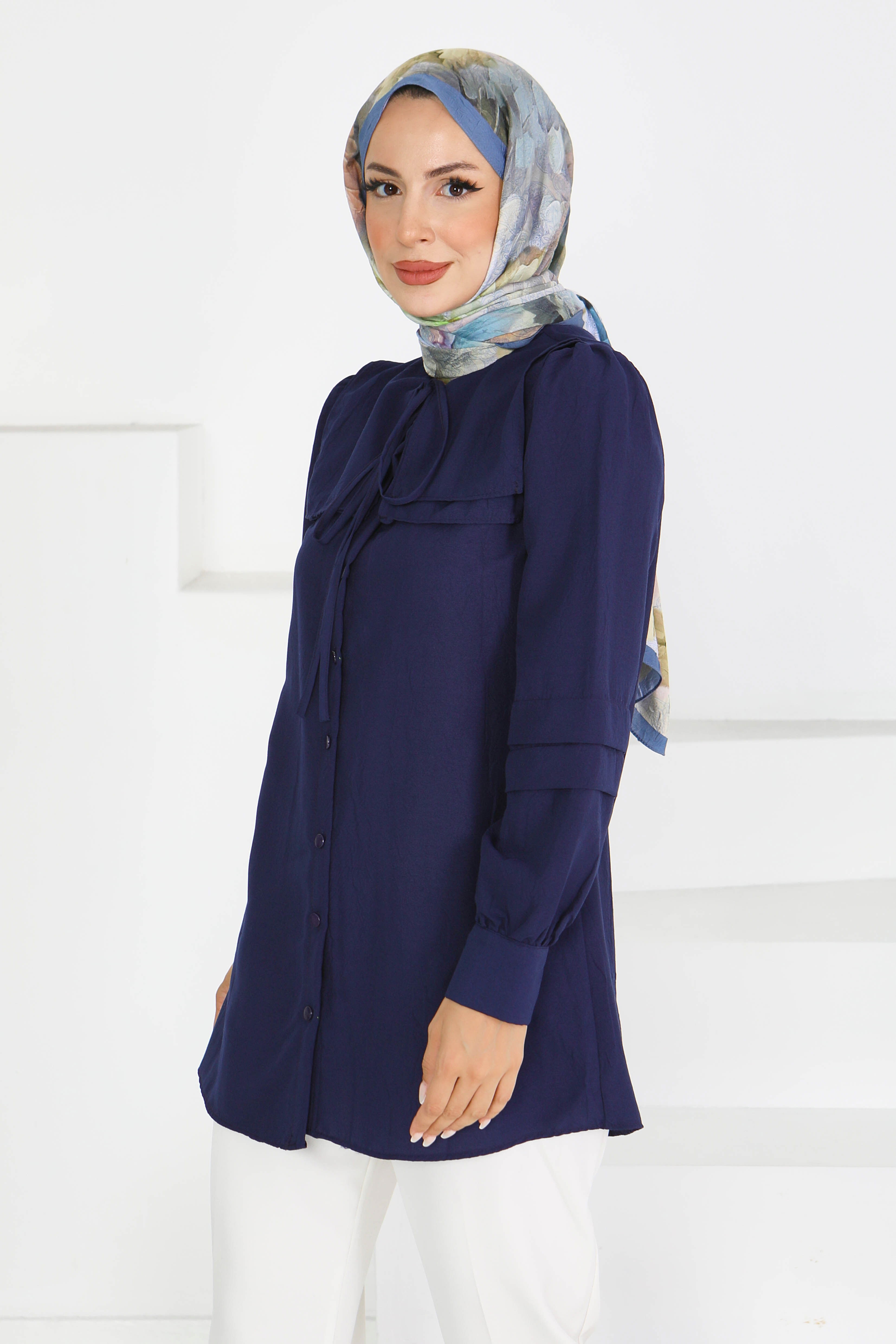 Kare Yaka Detaylı Dokuma Tunik - 27607 - 2
