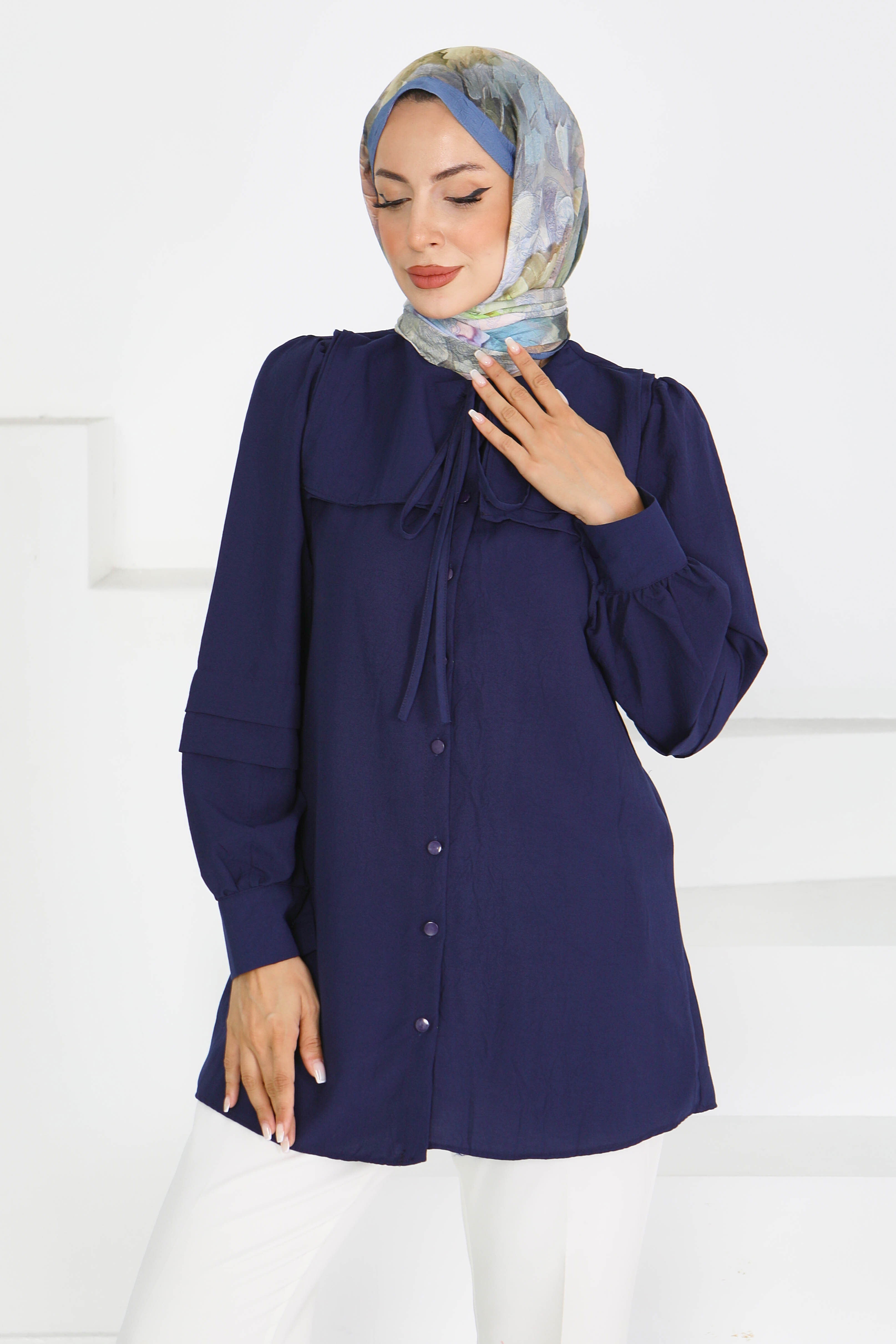 Kare Yaka Detaylı Dokuma Tunik - 27607 - 3