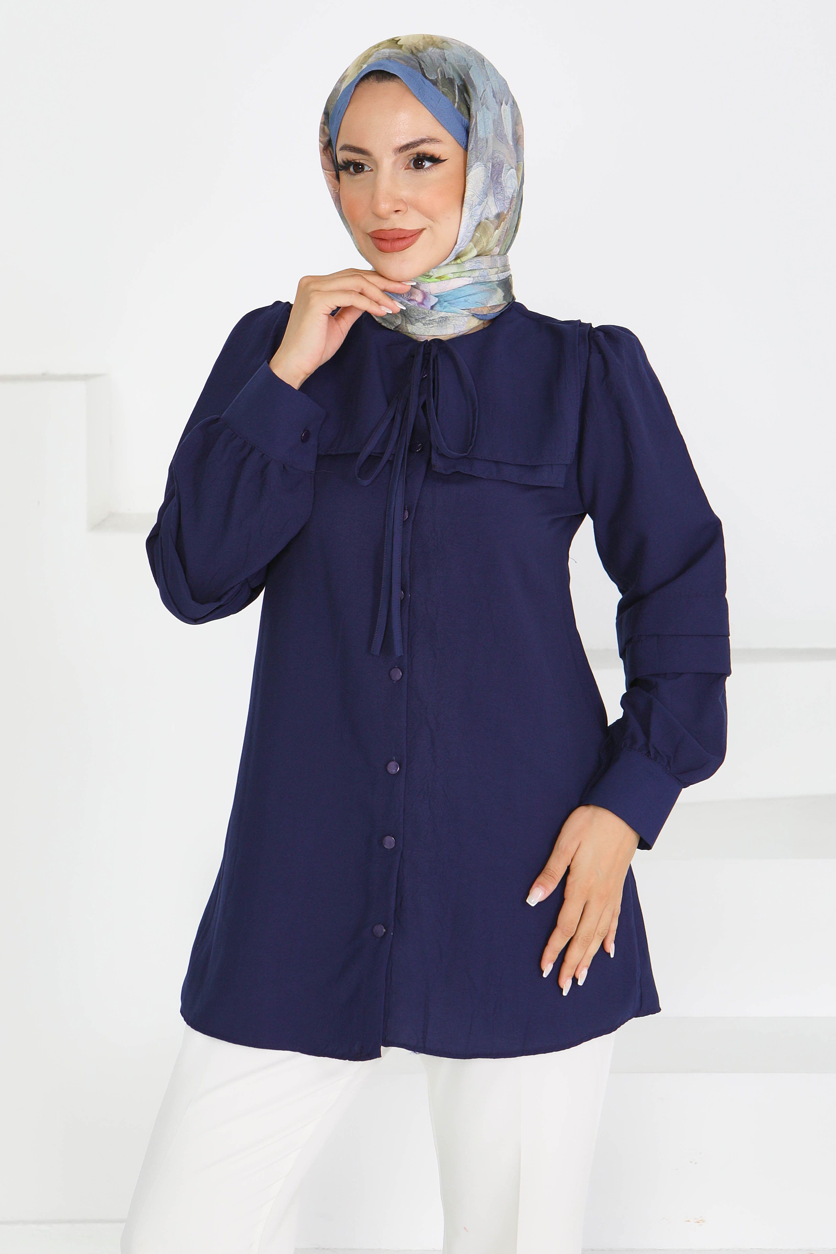 Kare Yaka Detaylı Dokuma Tunik - 27607 - 4