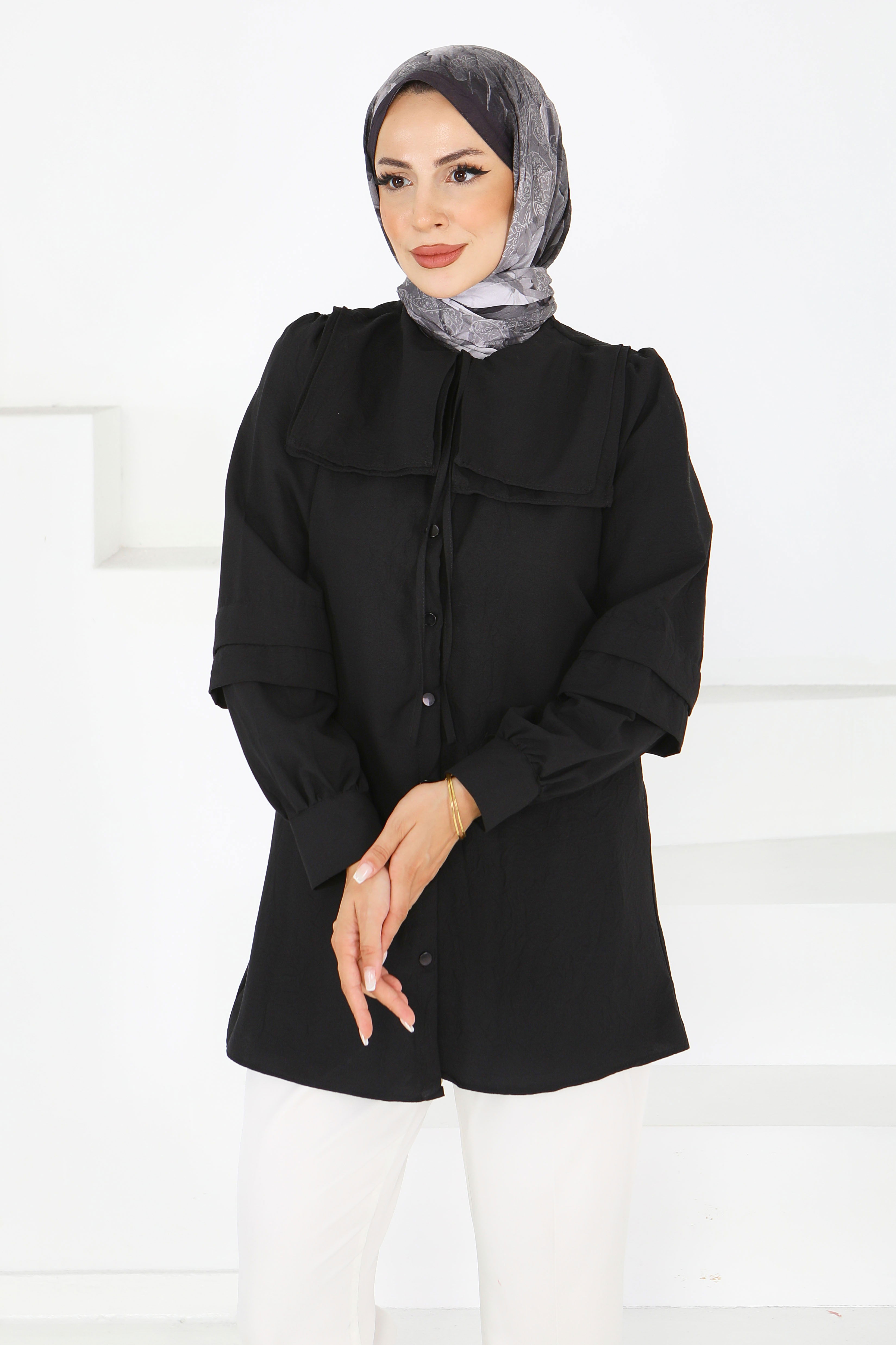 Kare Yaka Detaylı Dokuma Tunik - 27607 - 1
