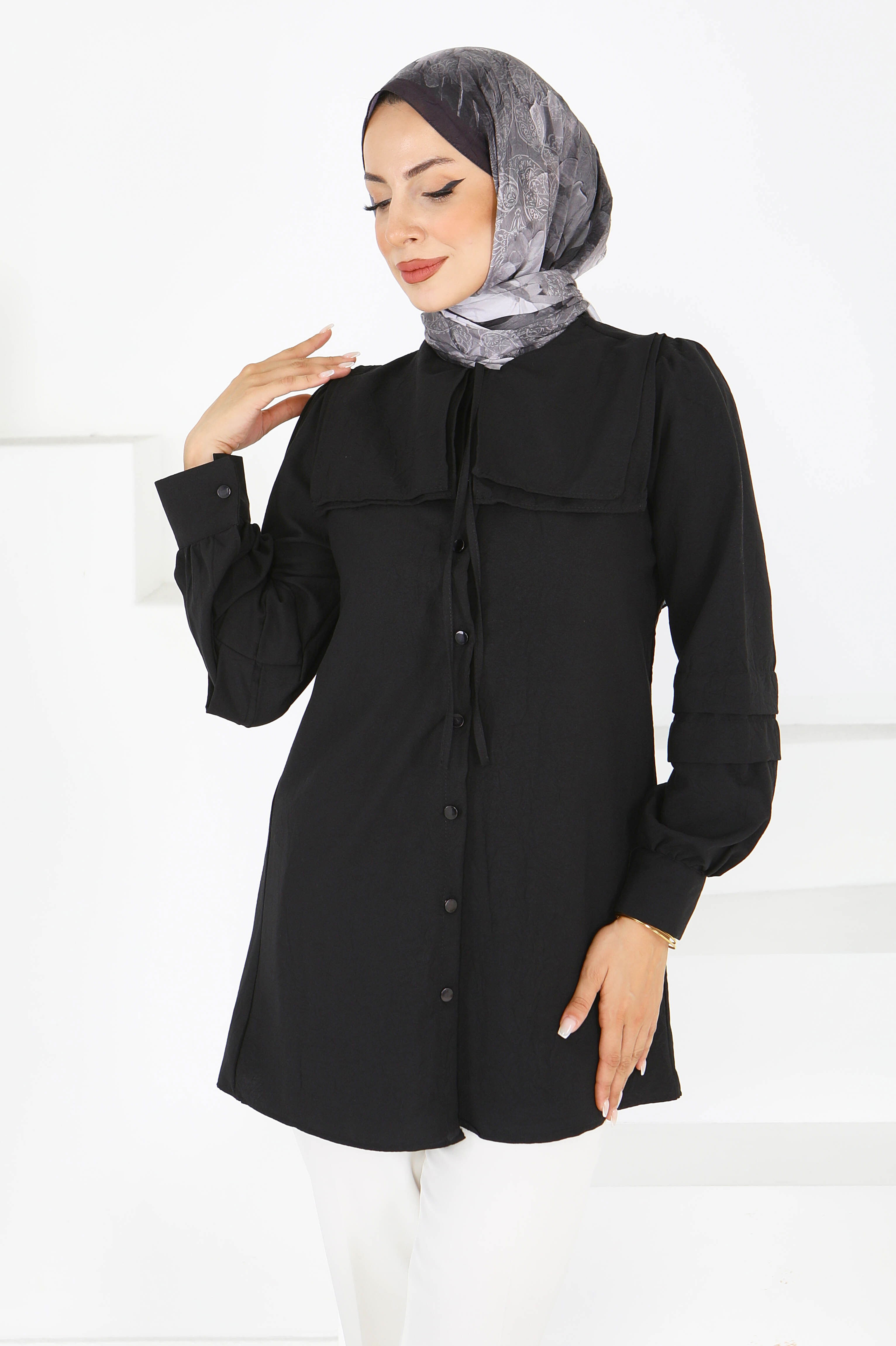 Kare Yaka Detaylı Dokuma Tunik - 27607 - 2