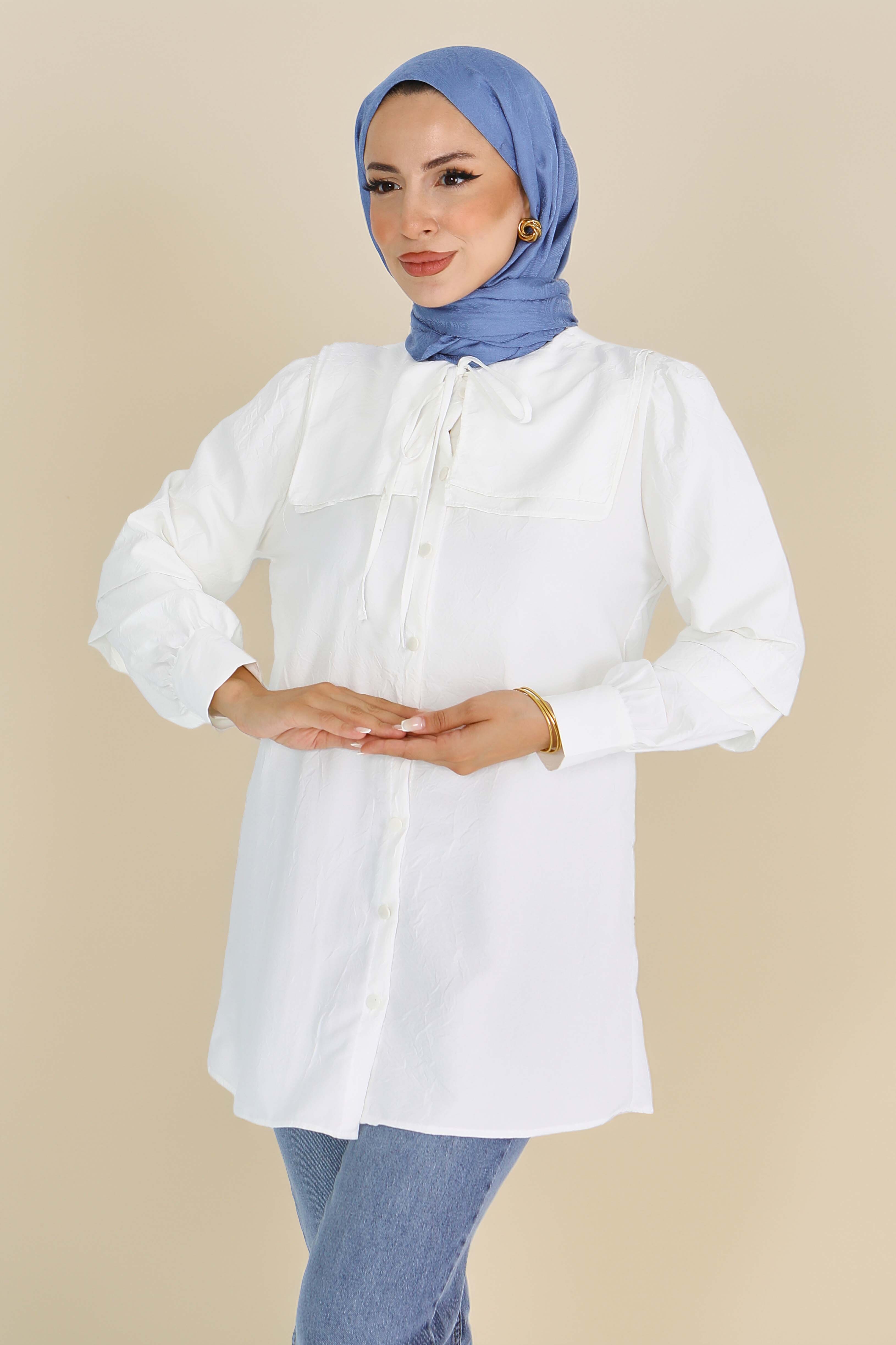 Kare Yaka Detaylı Dokuma Tunik - 27607 - 1