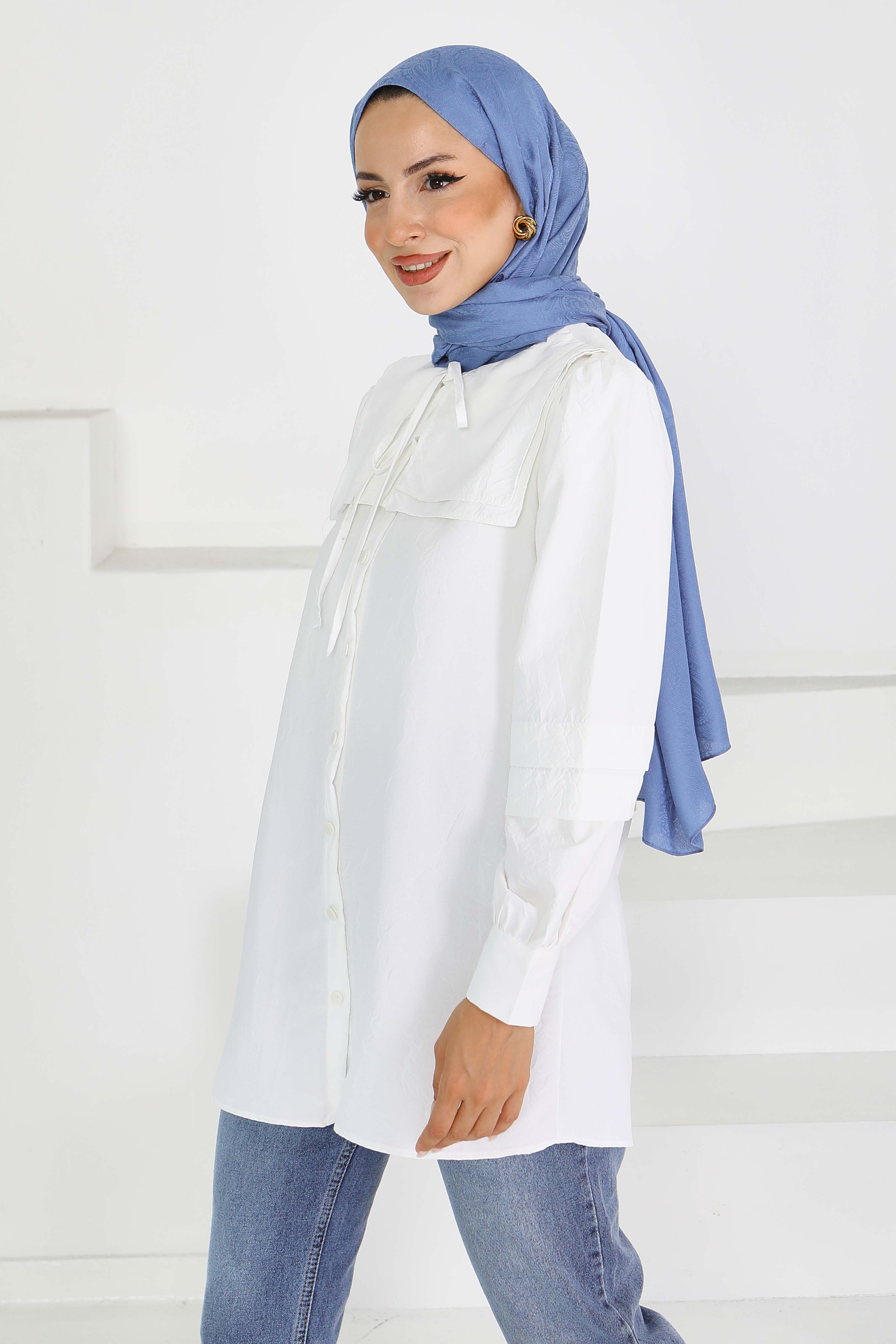 Kare Yaka Detaylı Dokuma Tunik - 27607 - 2