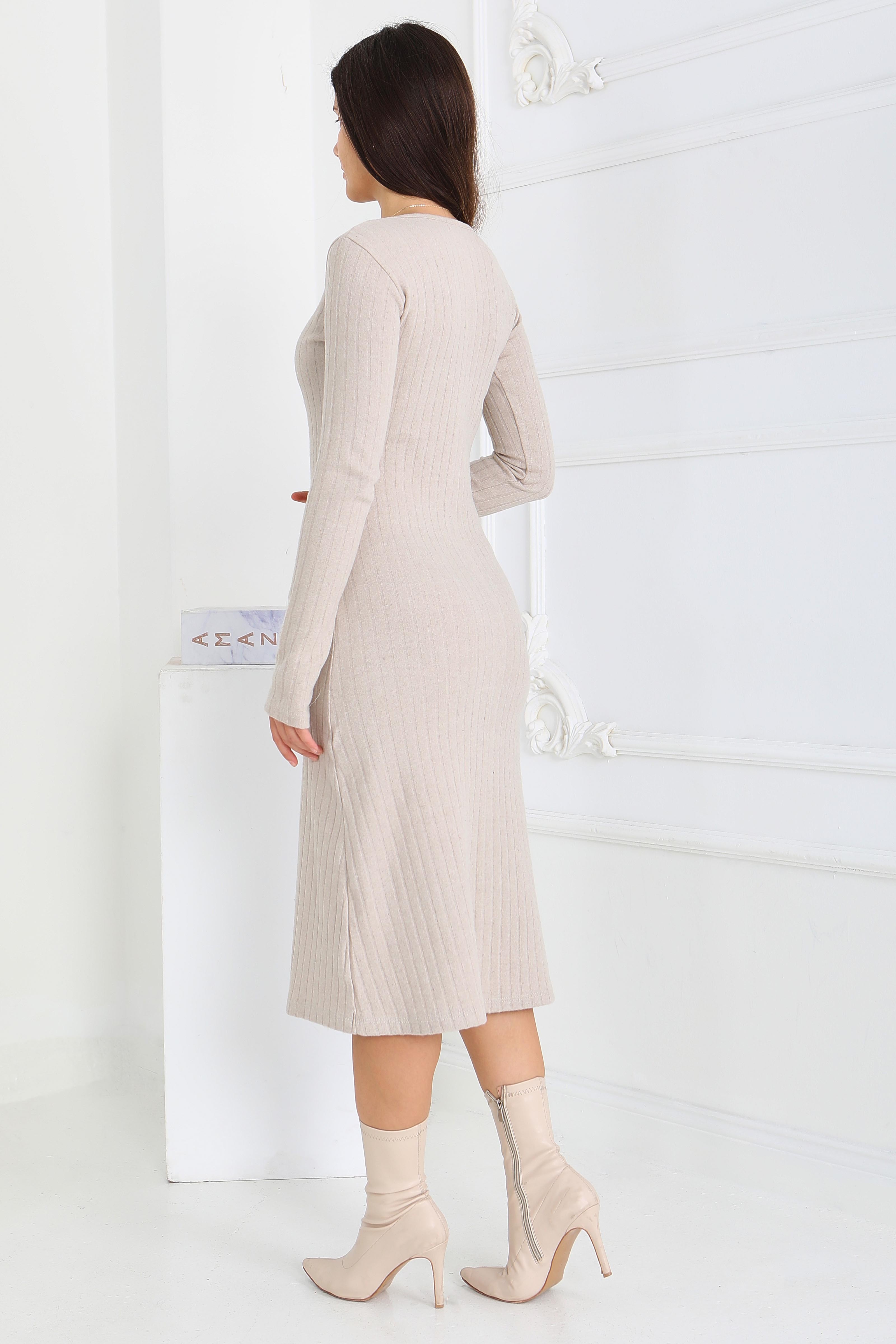 Kare Yaka Fitilili Kaşkorse Elbise - 27867-BEJ - 4