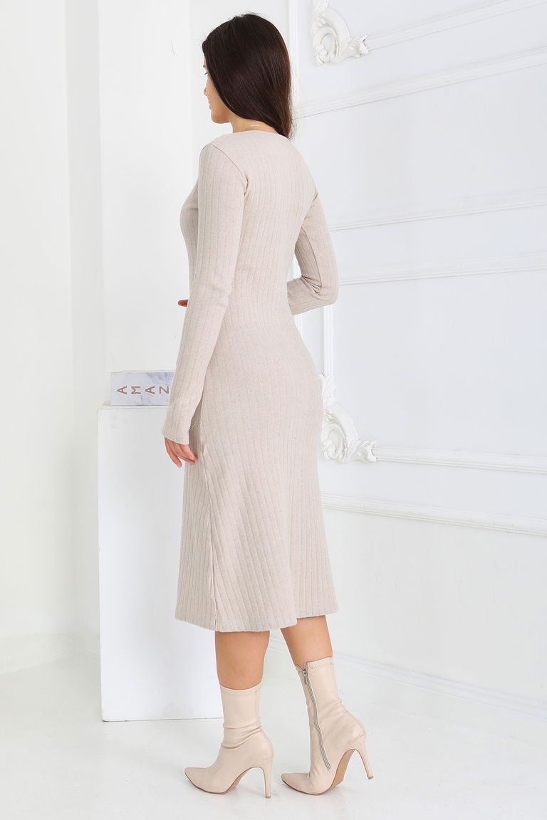 Kare Yaka Fitilili Kaşkorse Elbise - 27867-BEJ - TOFİSA