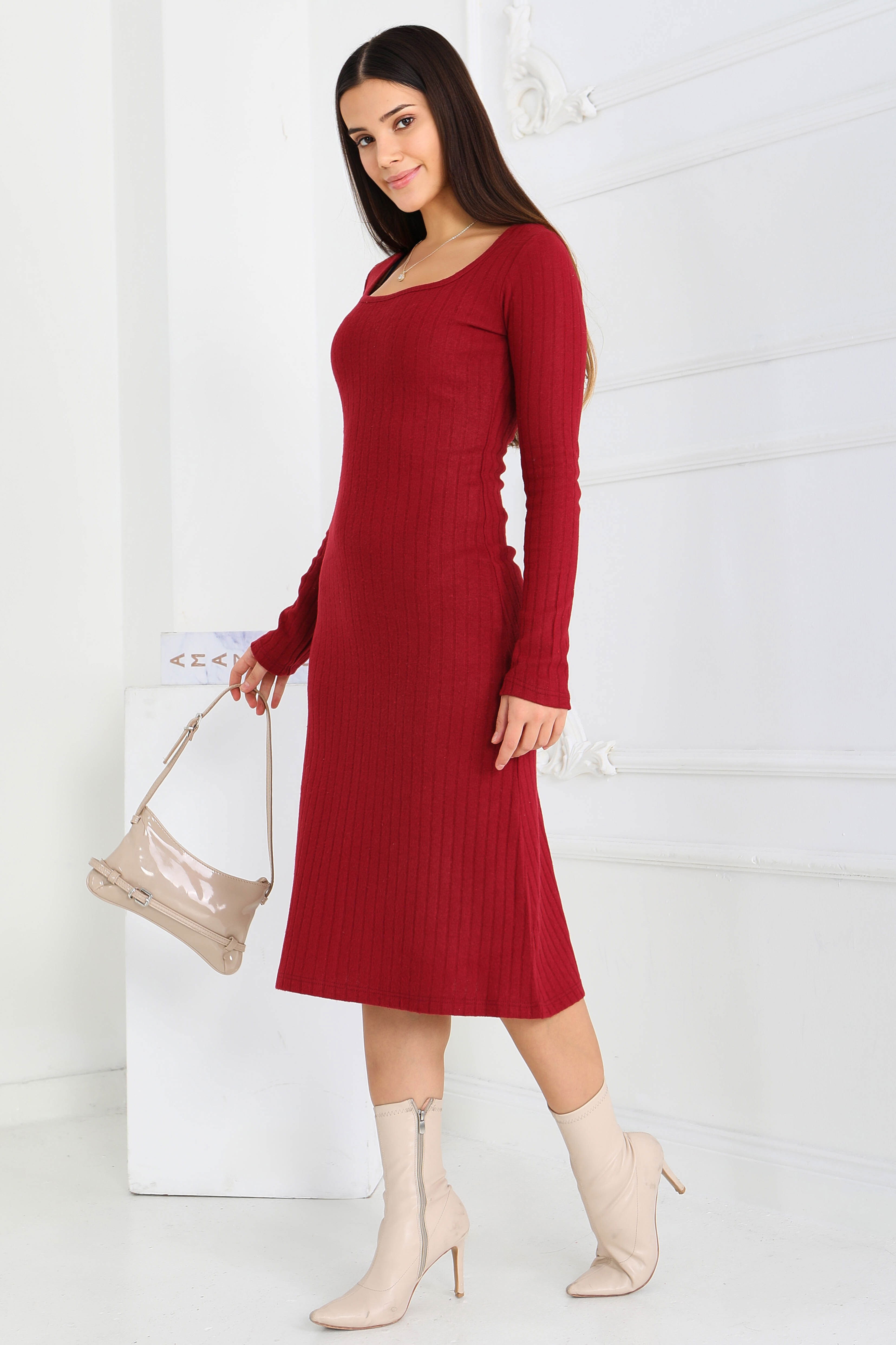 Kare Yaka Fitilili Kaşkorse Elbise - 27867-BORDO - 1