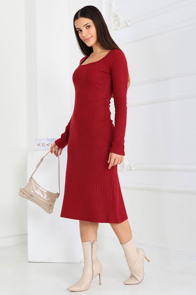 Kare Yaka Fitilili Kaşkorse Elbise - 27867-BORDO 