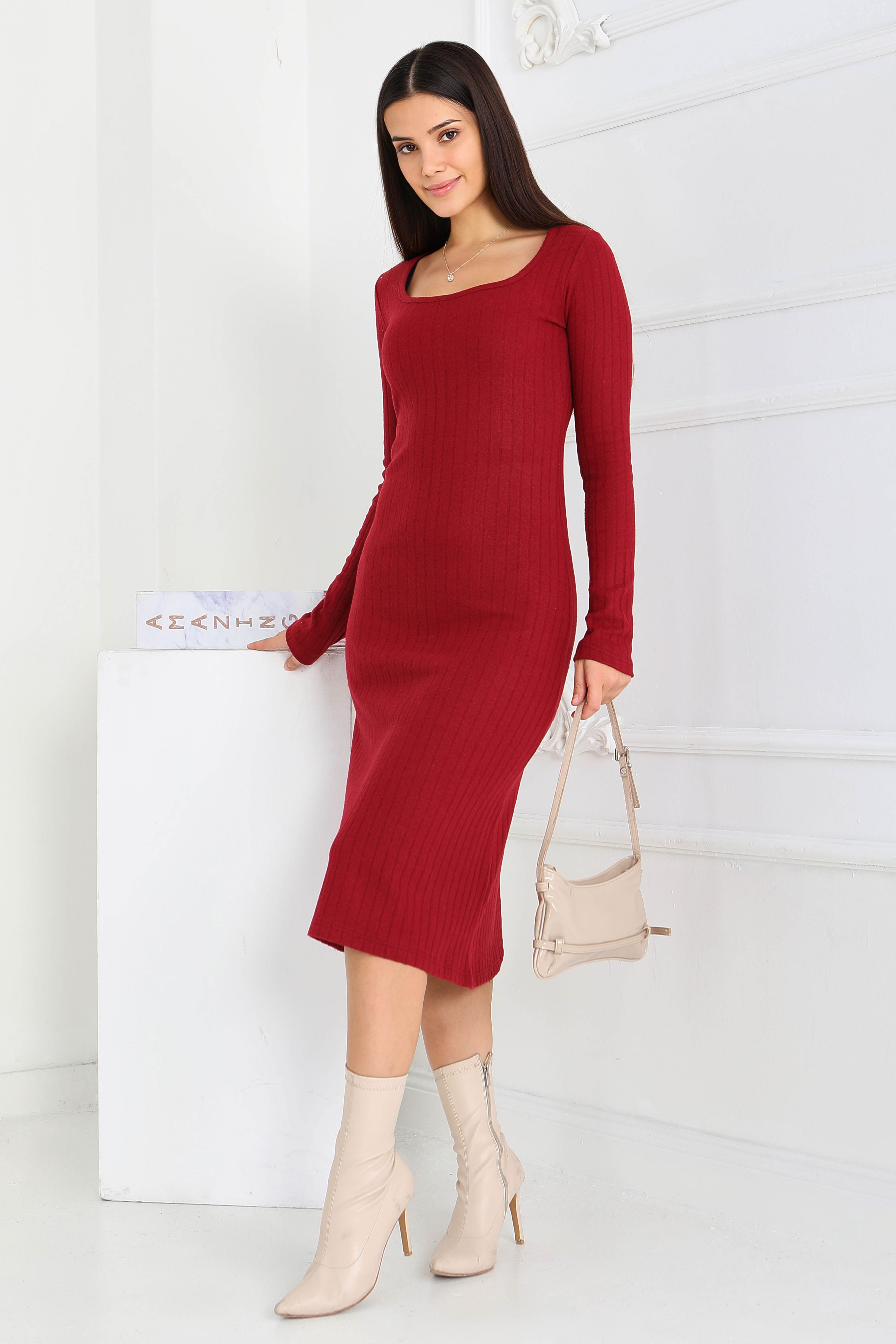 Kare Yaka Fitilili Kaşkorse Elbise - 27867-BORDO - 2