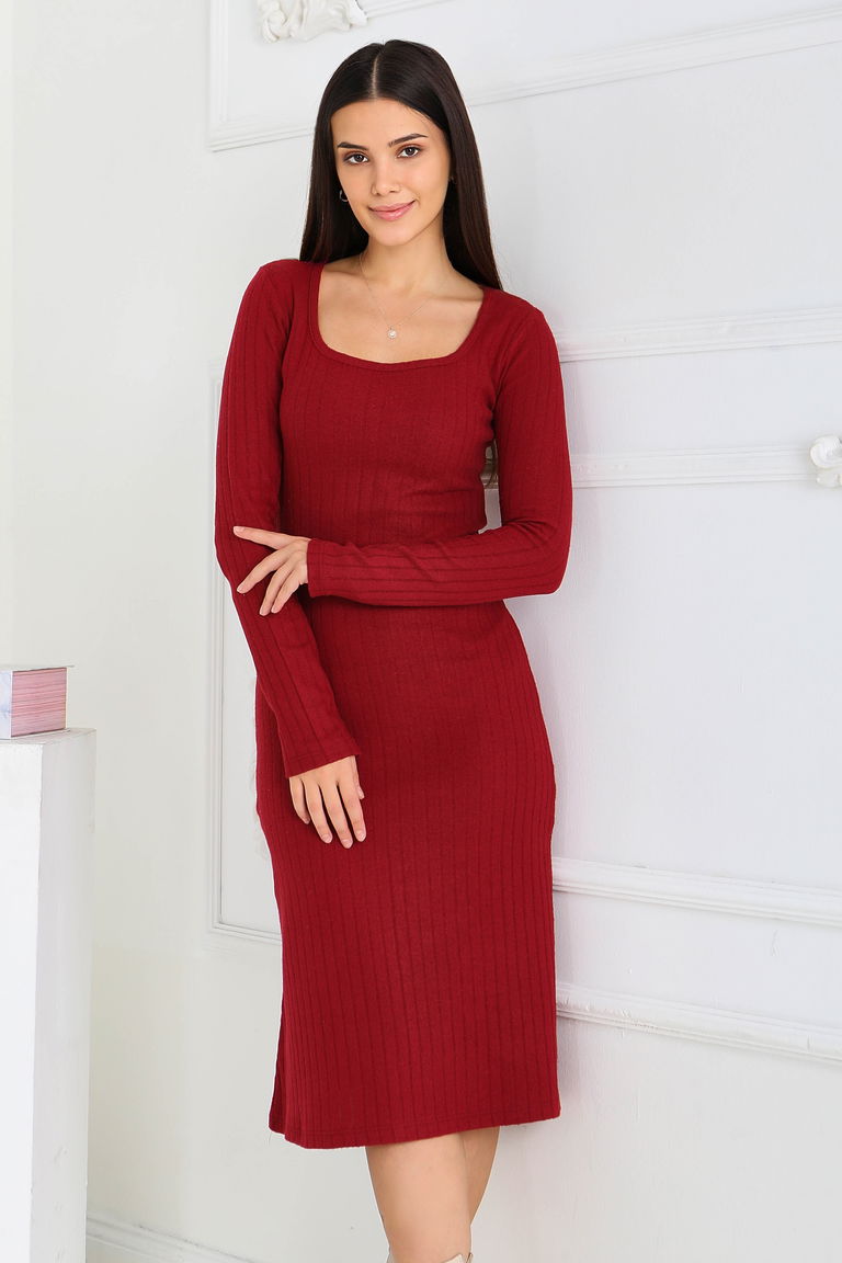 Kare Yaka Fitilili Kaşkorse Elbise - 27867-BORDO - TOFİSA