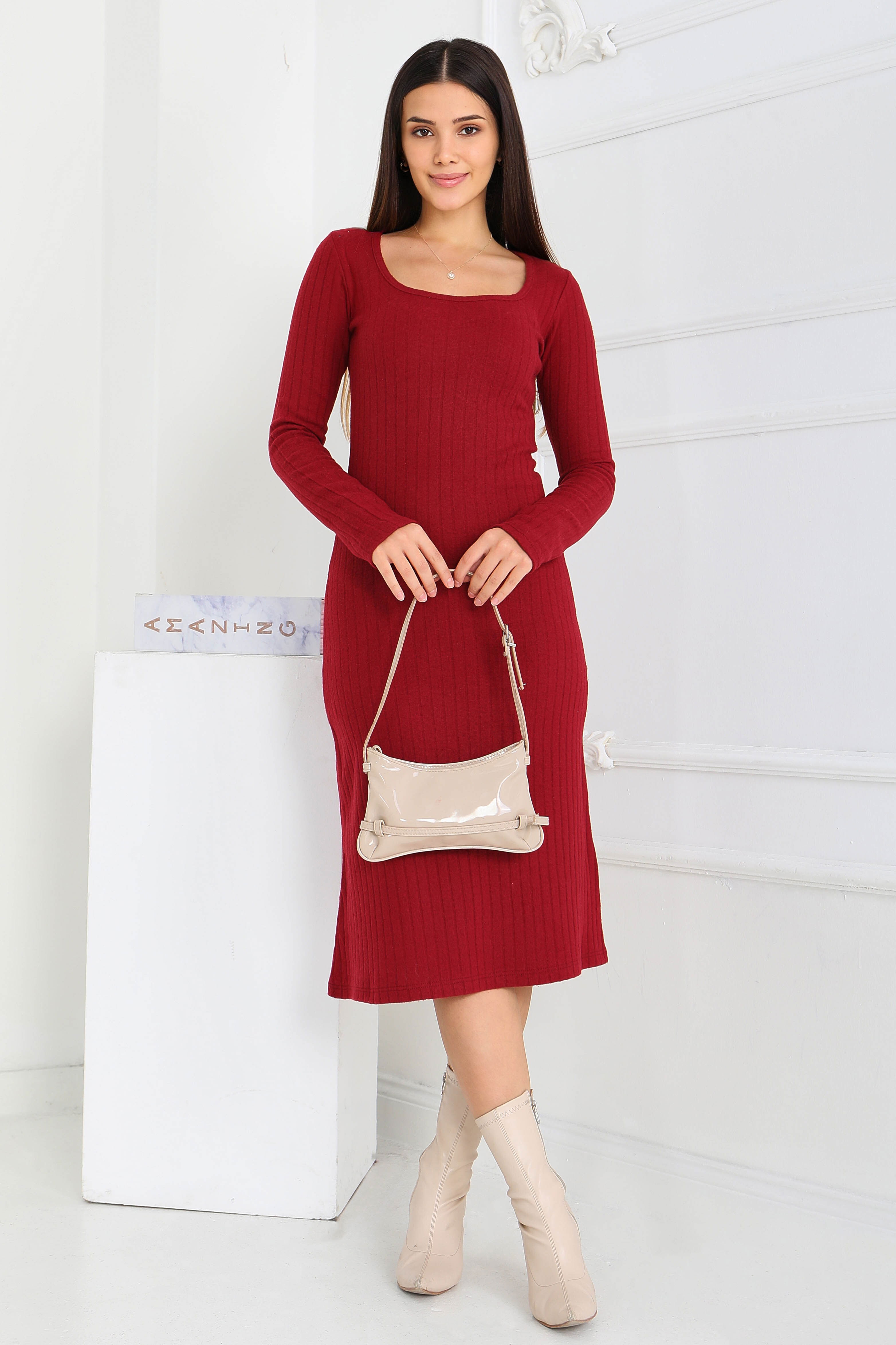 Kare Yaka Fitilili Kaşkorse Elbise - 27867-BORDO - 5