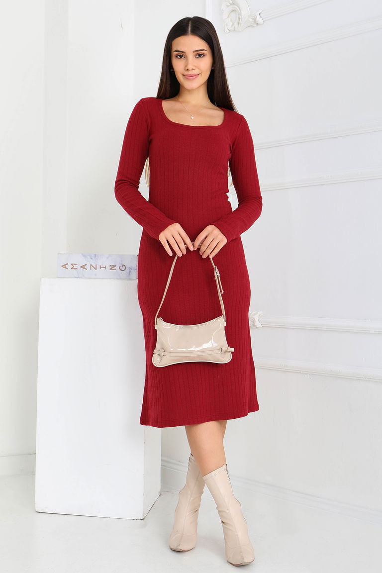 Kare Yaka Fitilili Kaşkorse Elbise - 27867-BORDO - TOFİSA