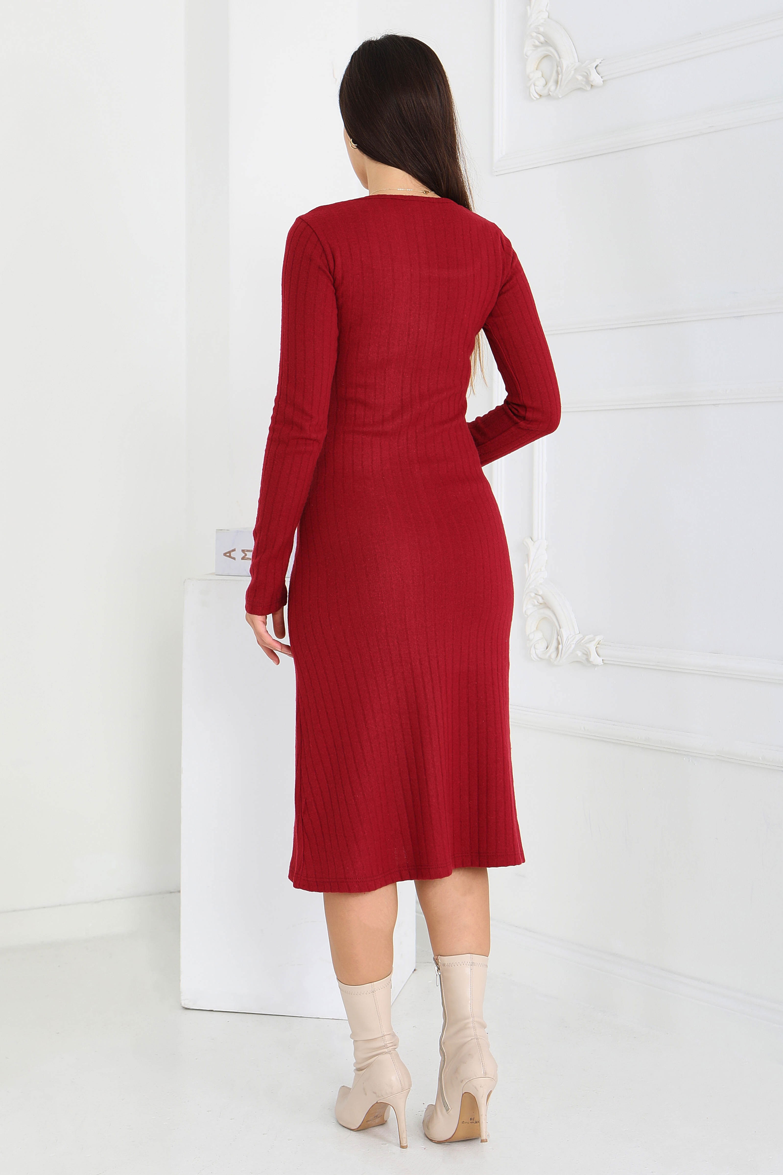 Kare Yaka Fitilili Kaşkorse Elbise - 27867-BORDO - 6