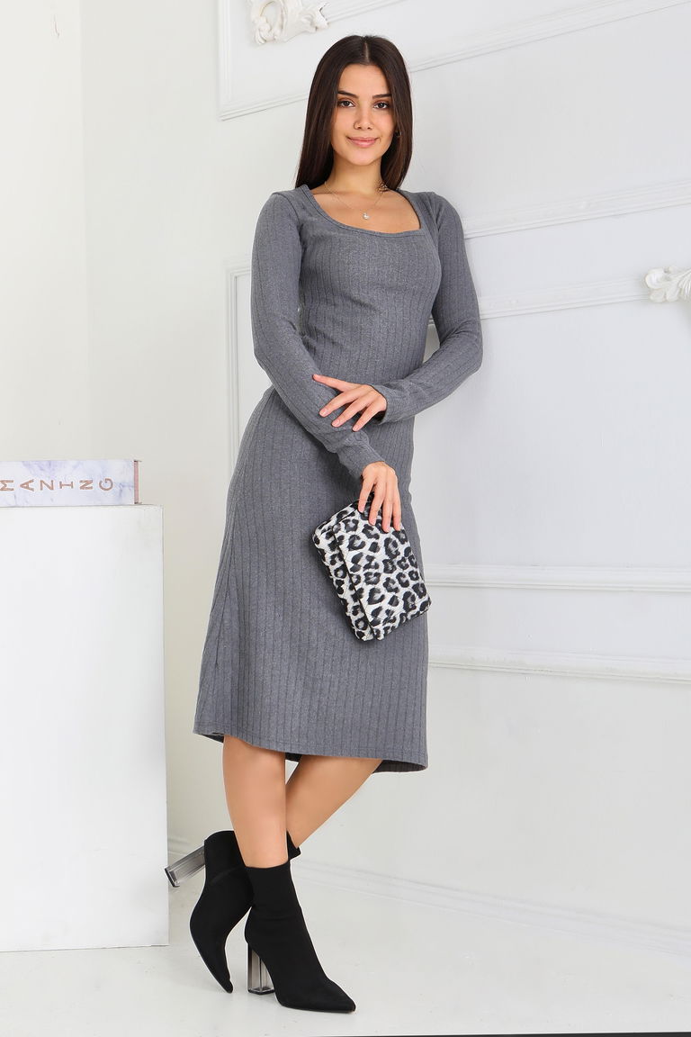 Kare Yaka Fitilili Kaşkorse Elbise - 27867-FUME - TOFİSA