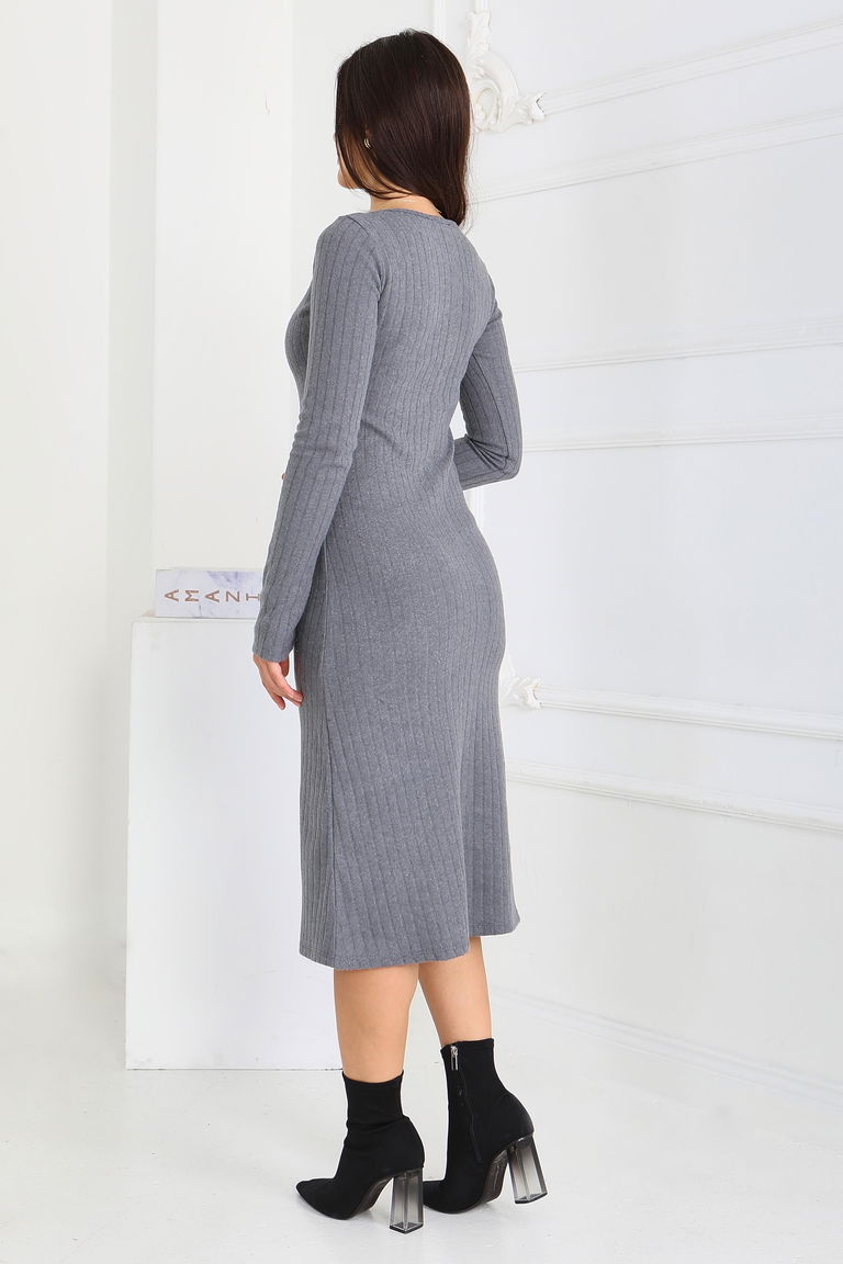 Kare Yaka Fitilili Kaşkorse Elbise - 27867-FUME - TOFİSA