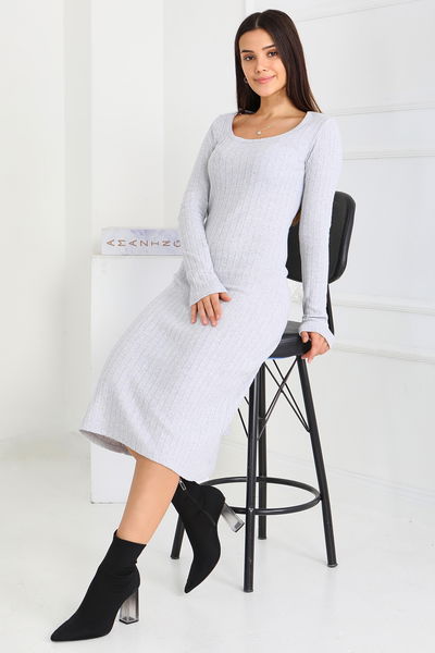 Kare Yaka Fitilili Kaşkorse Elbise - 27867-GRI 