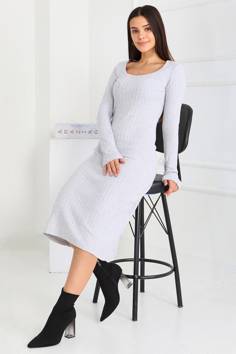 Kare Yaka Fitilili Kaşkorse Elbise - 27867-GRI - TOFİSA