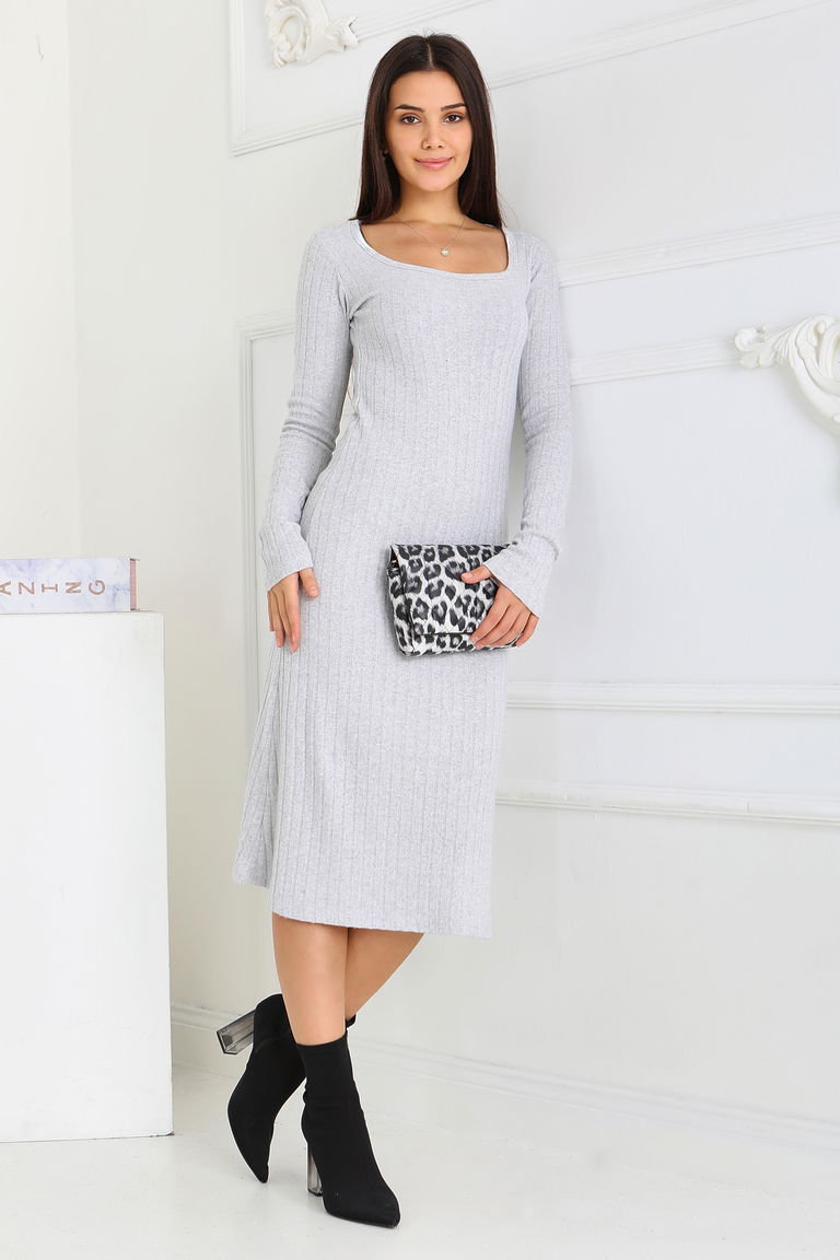 Kare Yaka Fitilili Kaşkorse Elbise - 27867-GRI - TOFİSA