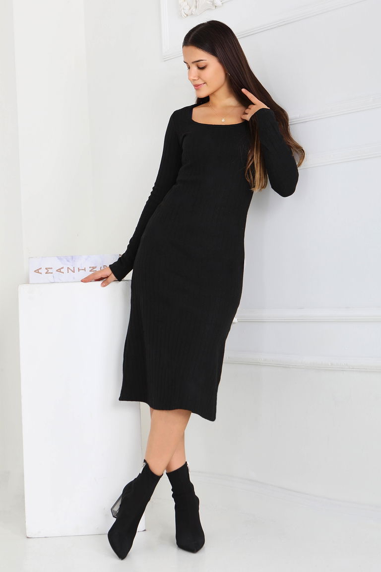 Kare Yaka Fitilili Kaşkorse Elbise - 27867-SIYAH - TOFİSA