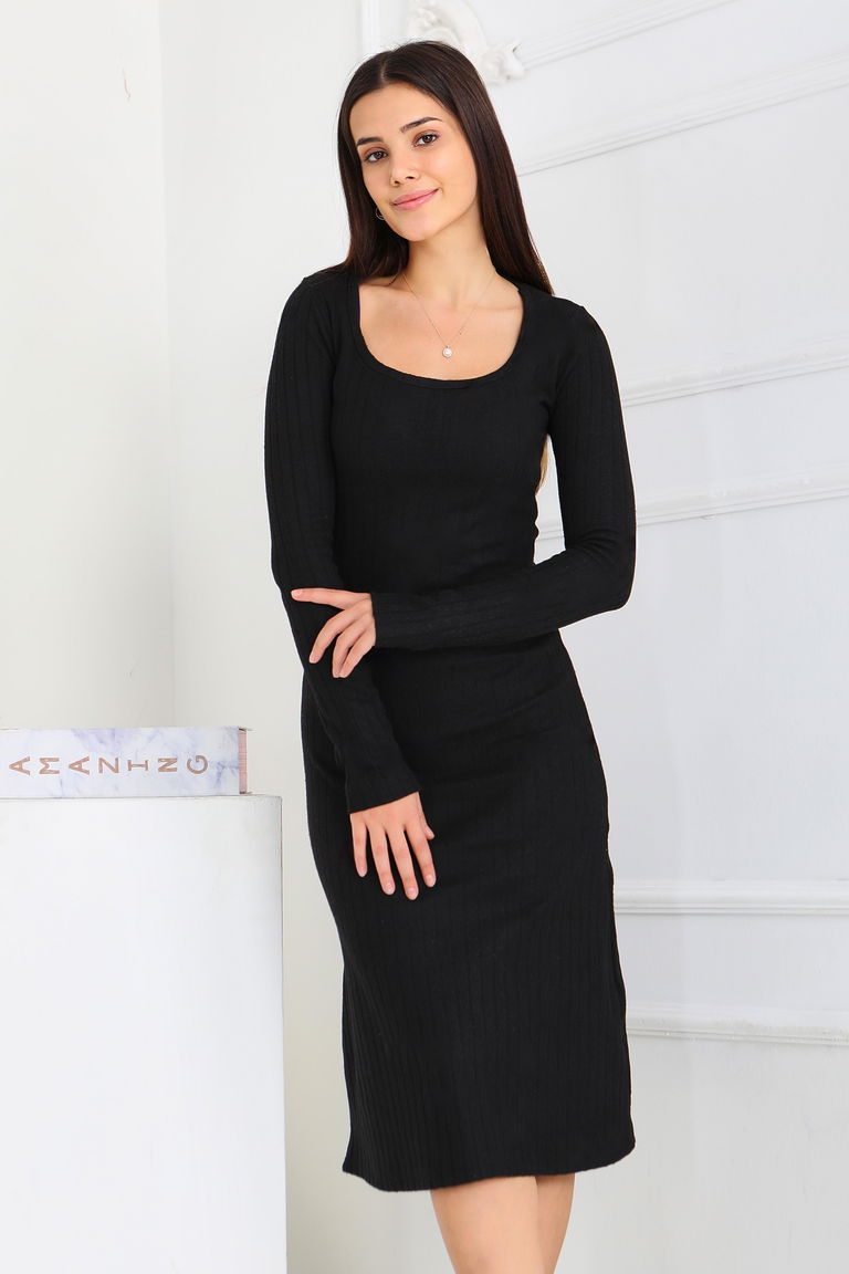 Kare Yaka Fitilili Kaşkorse Elbise - 27867-SIYAH - TOFİSA