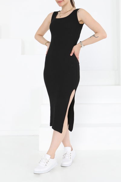 Kare Yaka Yırtmaçlı Midi Elbise Siyah - 27230 