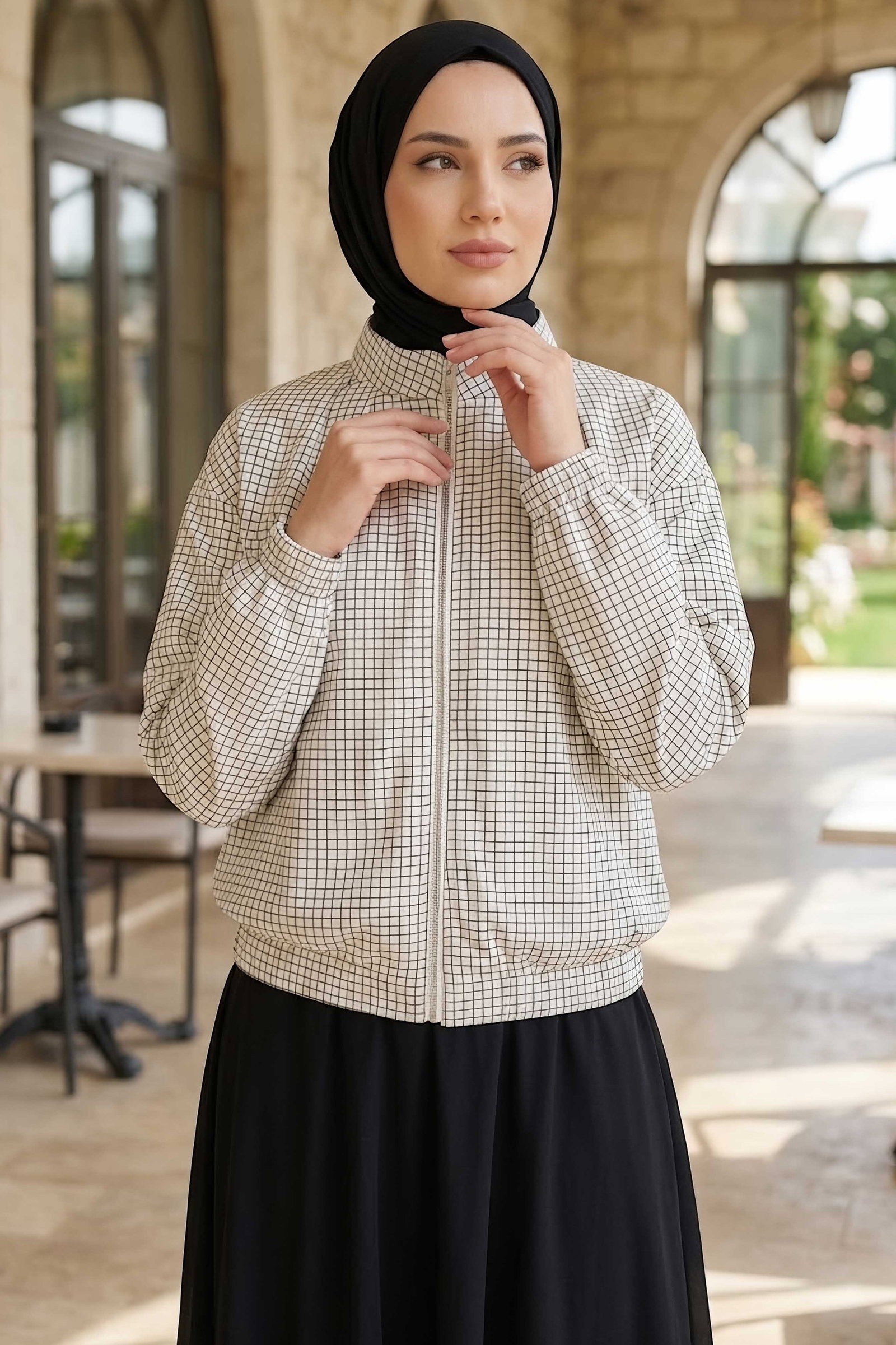 Kareli Bomber Ceket Beyaz - 28972-BEYAZ - 1