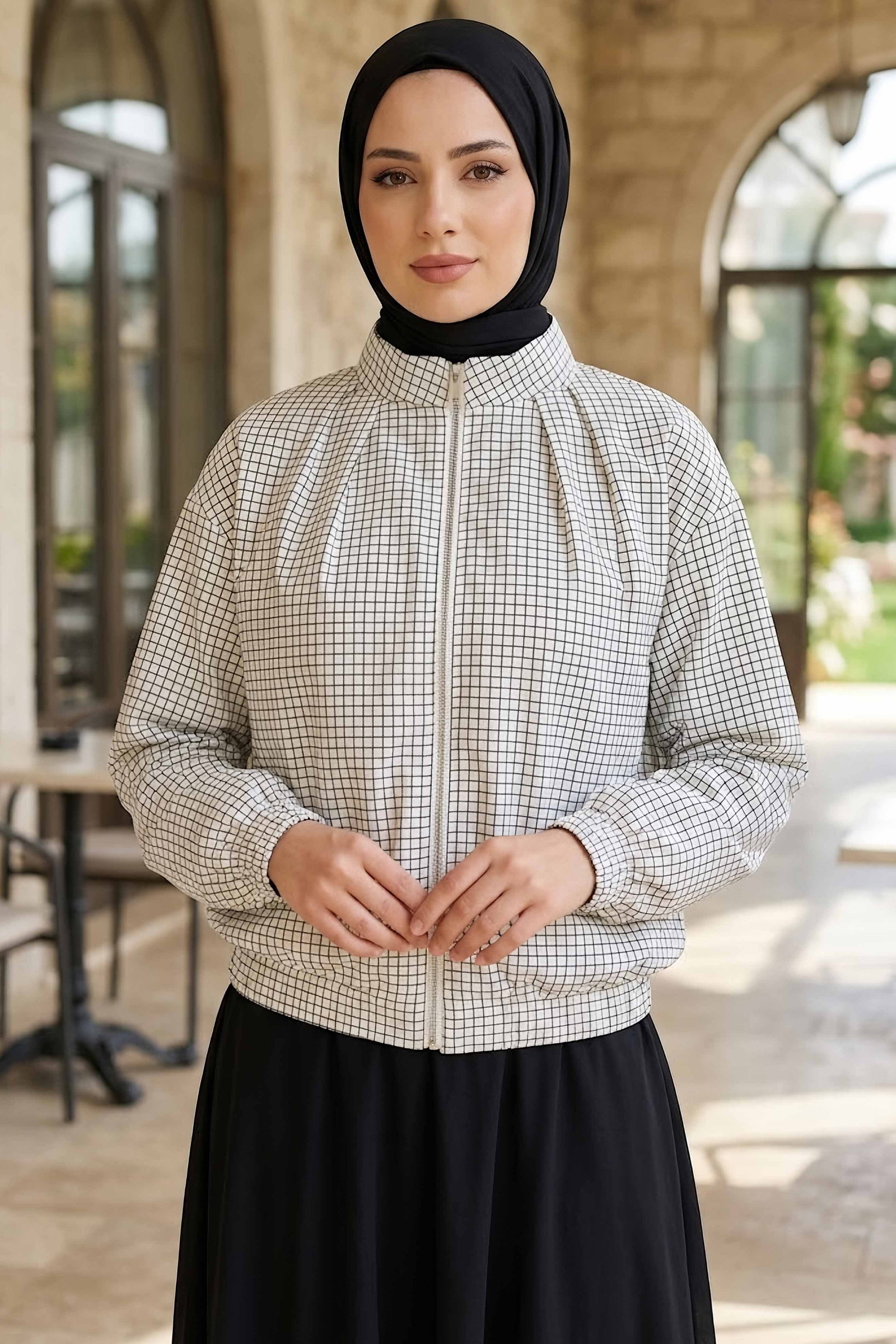 Kareli Bomber Ceket Beyaz - 28972-BEYAZ - 2