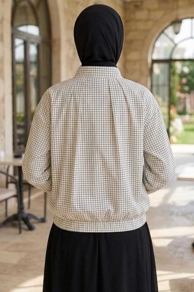 Kareli Bomber Ceket Beyaz - 28972-BEYAZ - 3