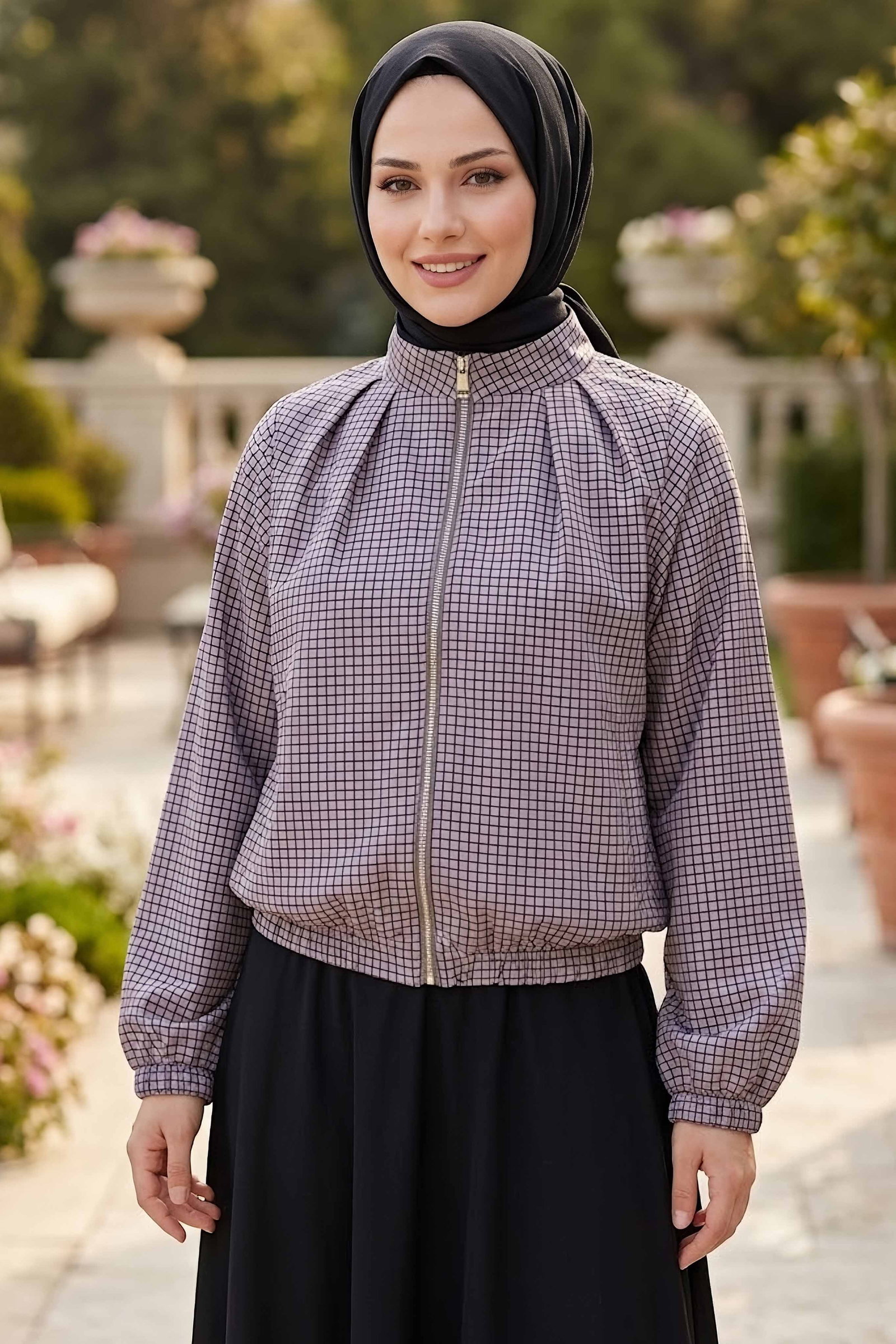 Kareli Bomber Ceket Gri - 28972-GRI - 1