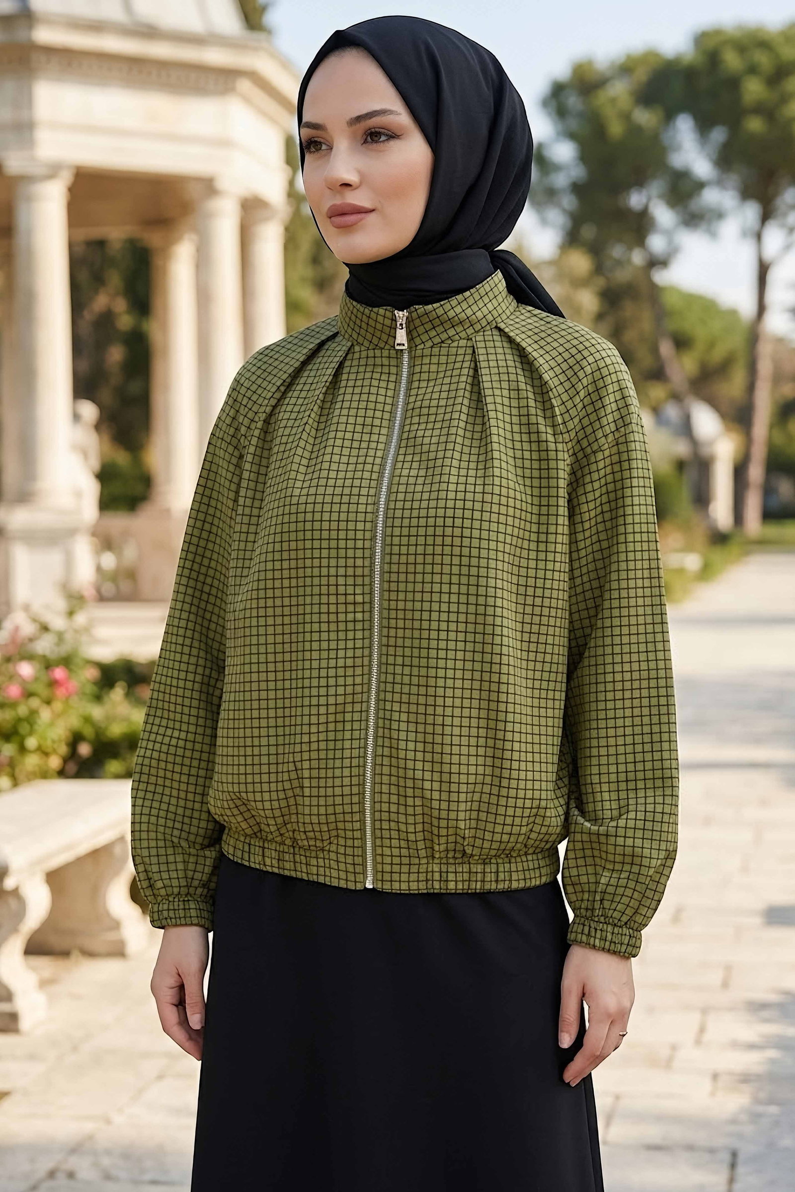 Kareli Bomber Ceket Haki - 28972-HAKI - 2