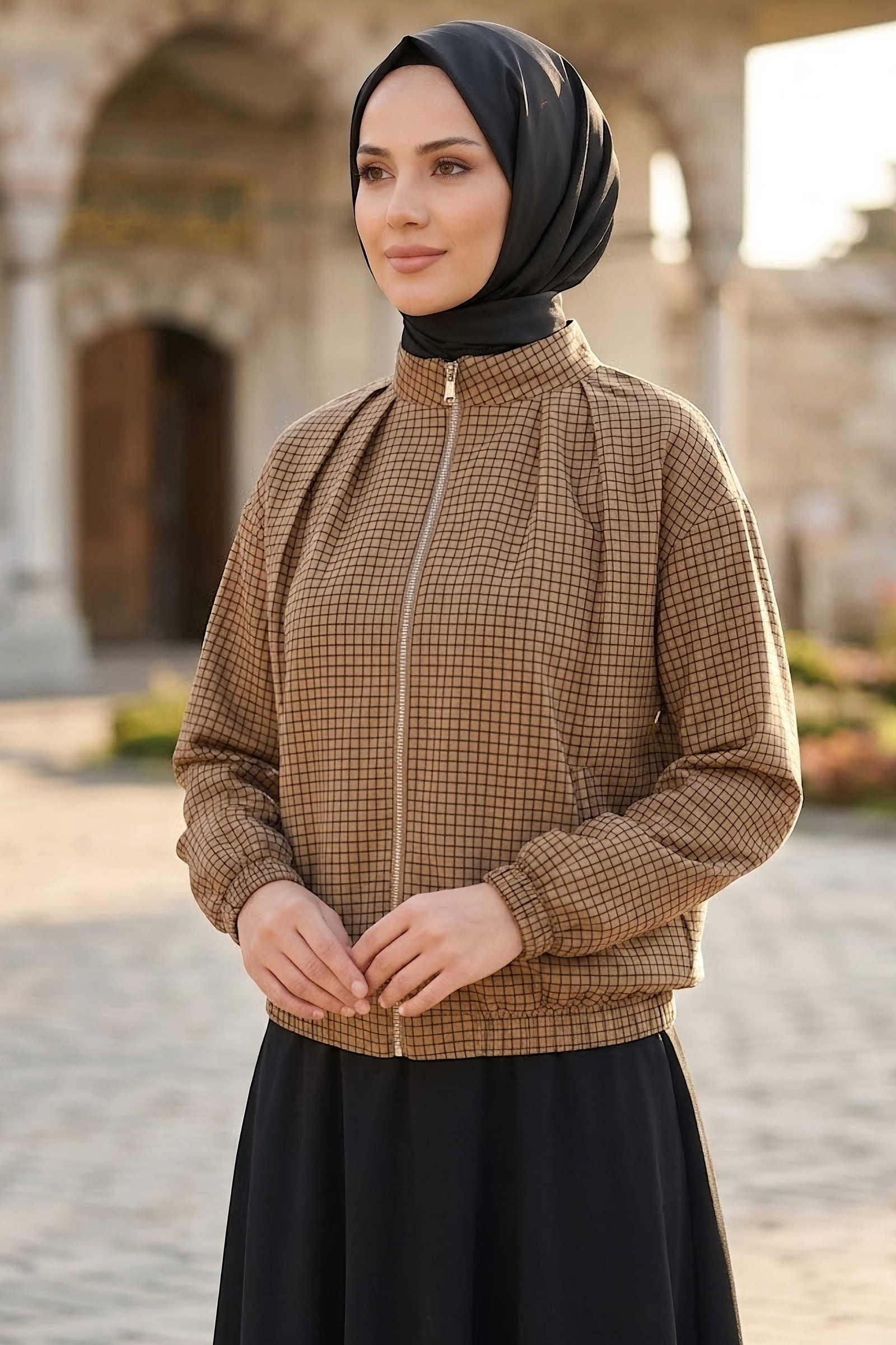 Kareli Bomber Ceket Kahve - 28972-KAHVE - 2