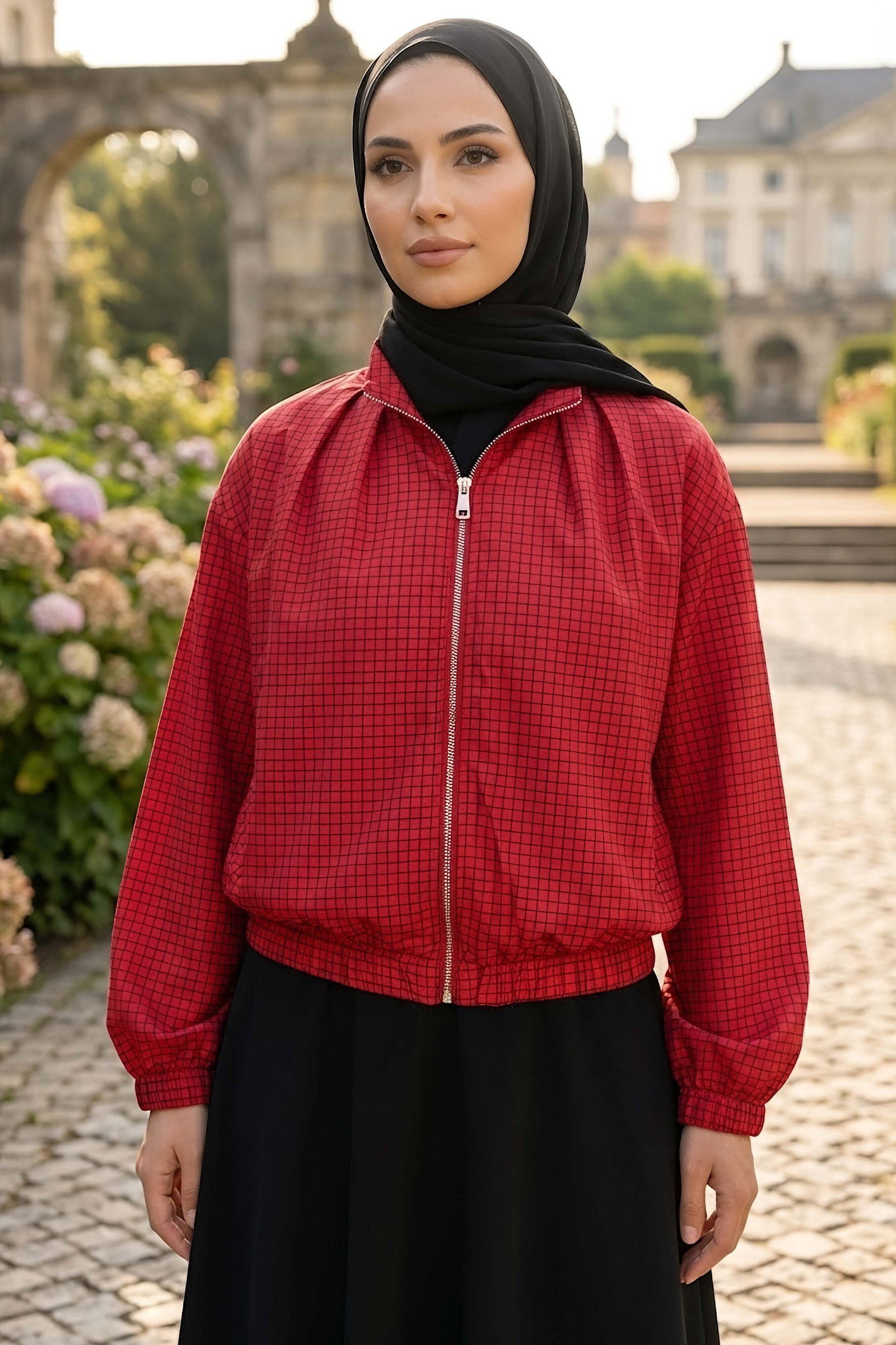 Kareli Bomber Ceket Kirmizi - 28972-KIRMIZI - 1